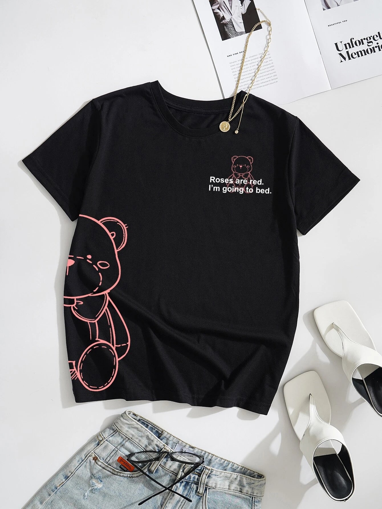 T- shirt camiseta feminina preta de urso