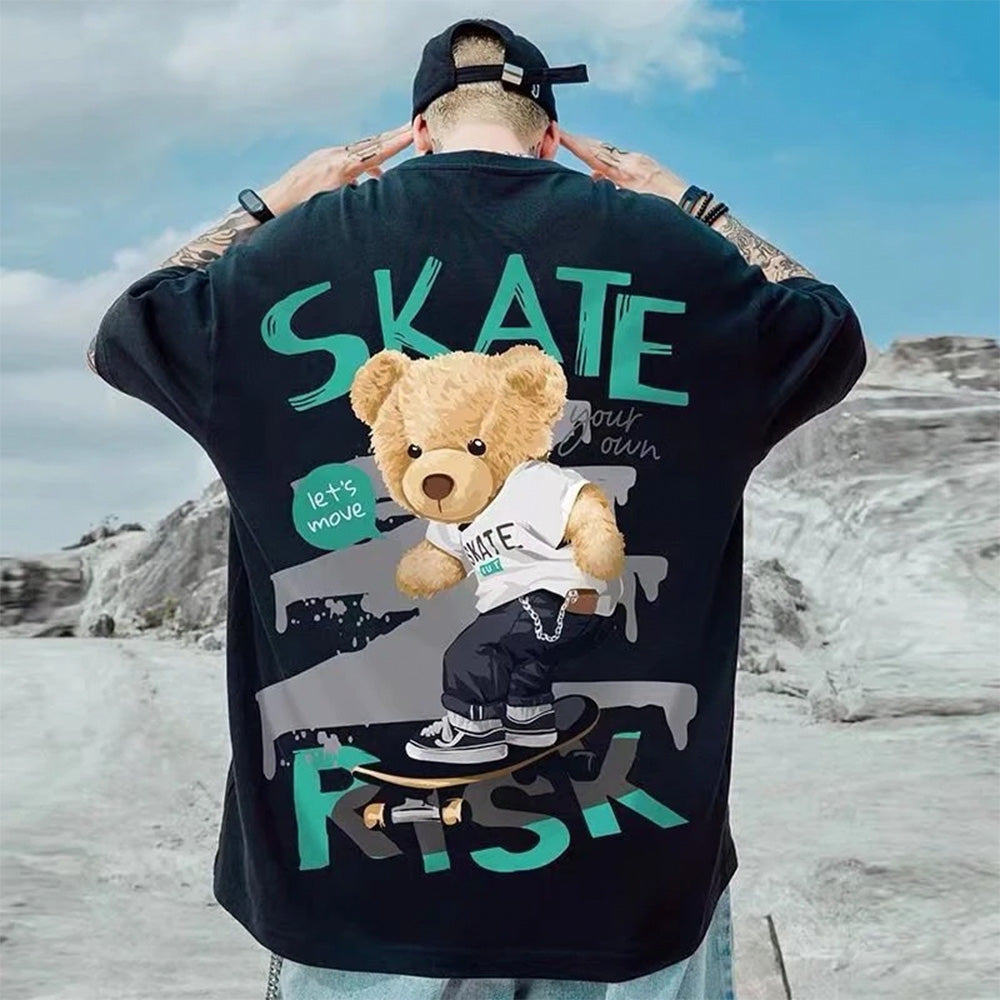 Camiseta Básica Urso no Skate com Estilo Street - Preto