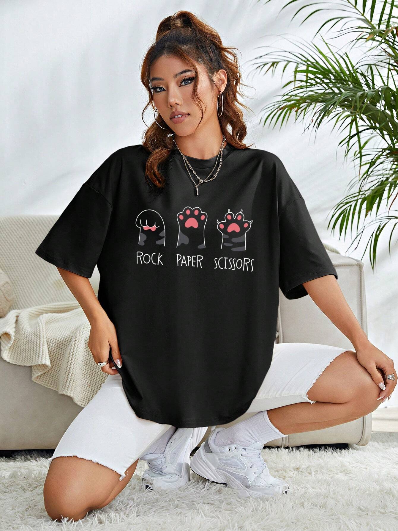 Camiseta Básica Feminina Rock Paper Scissors Patinha De Gato