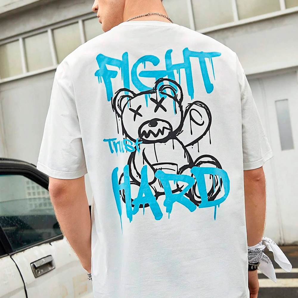 camiseta básica branca teddy urso fight trust hard -Branco