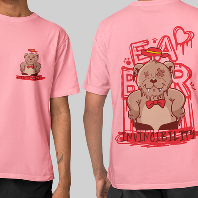 camiseta básica rosa bebê com estampa de urso de chapeu 