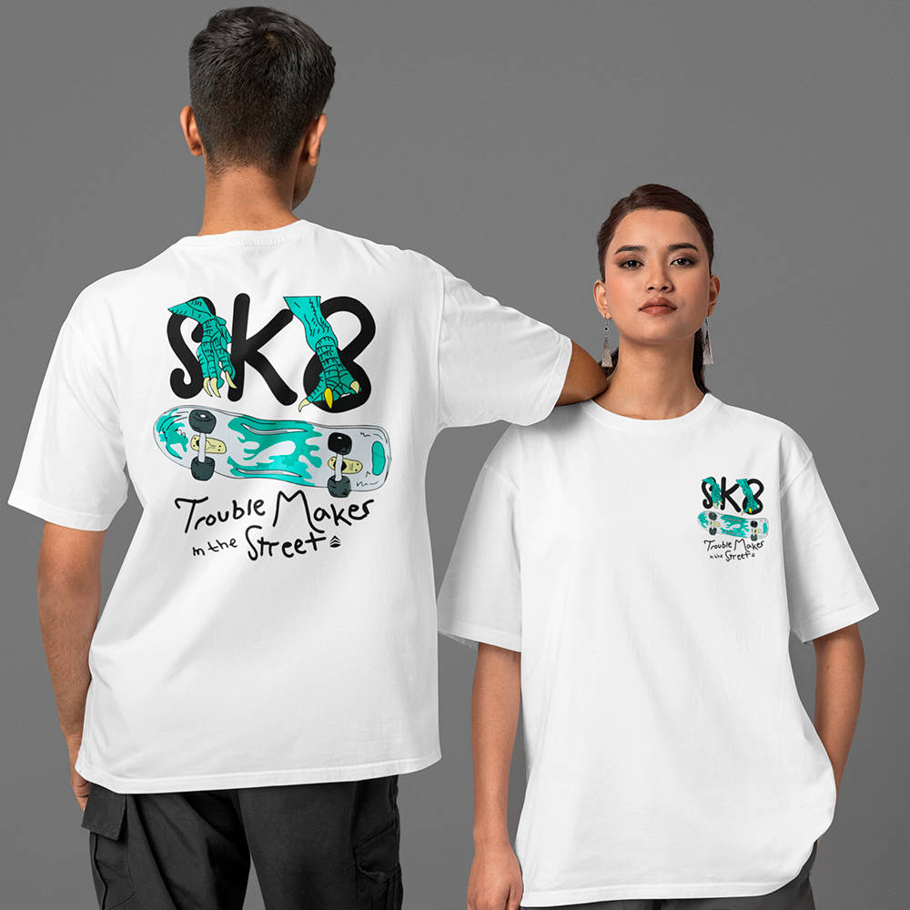 Camiseta Básica Unissex Com Estampa SkateBoard- Branco