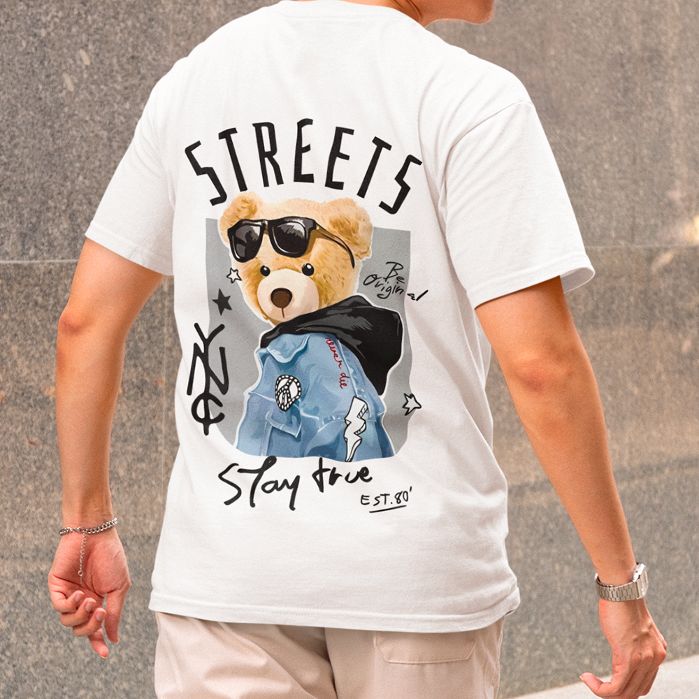 Camiseta Básica com estampa de urso streetwear Branca