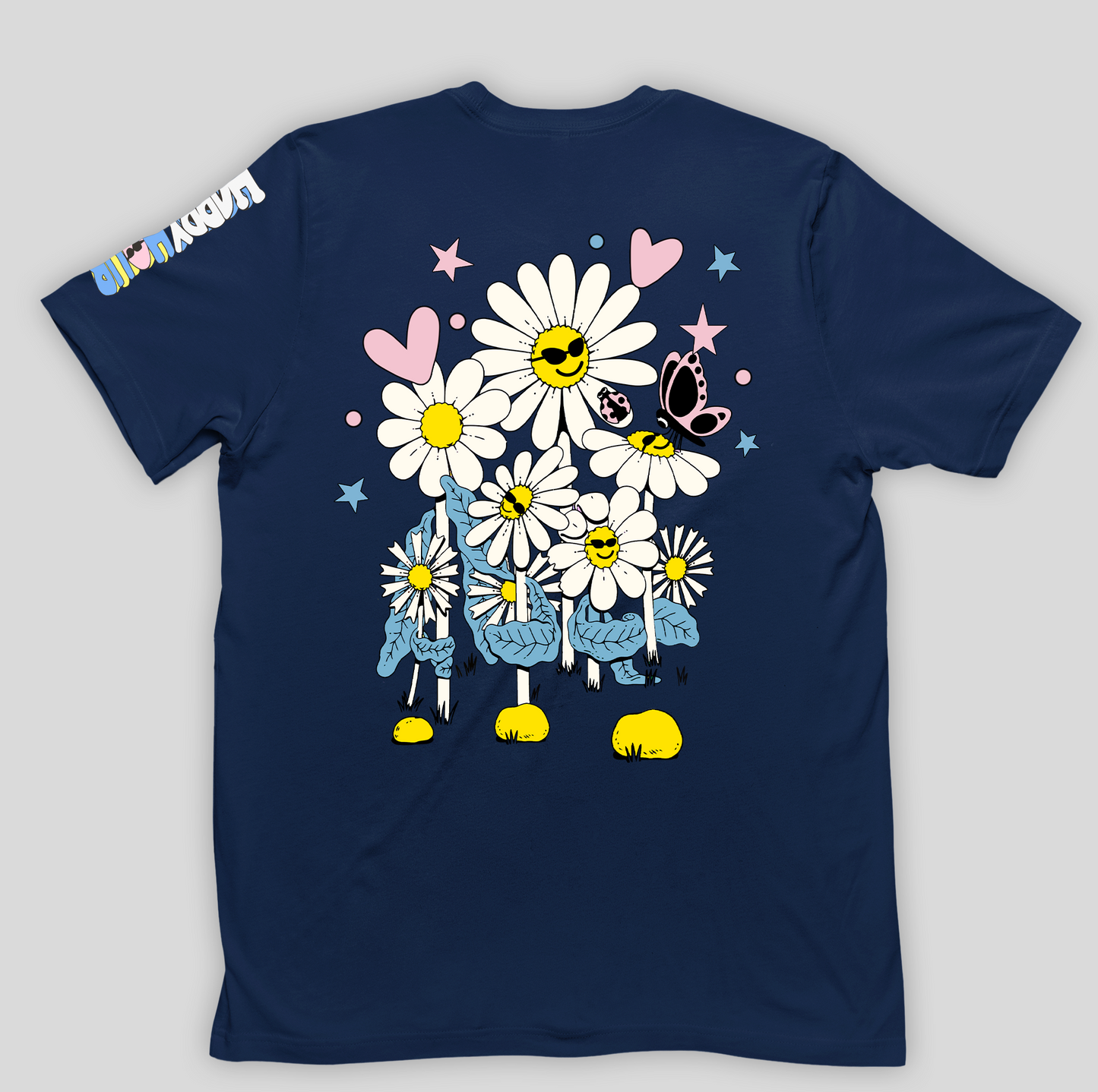 Camiseta Feminina Flor Happy Feliz Flower costas - azul marinho