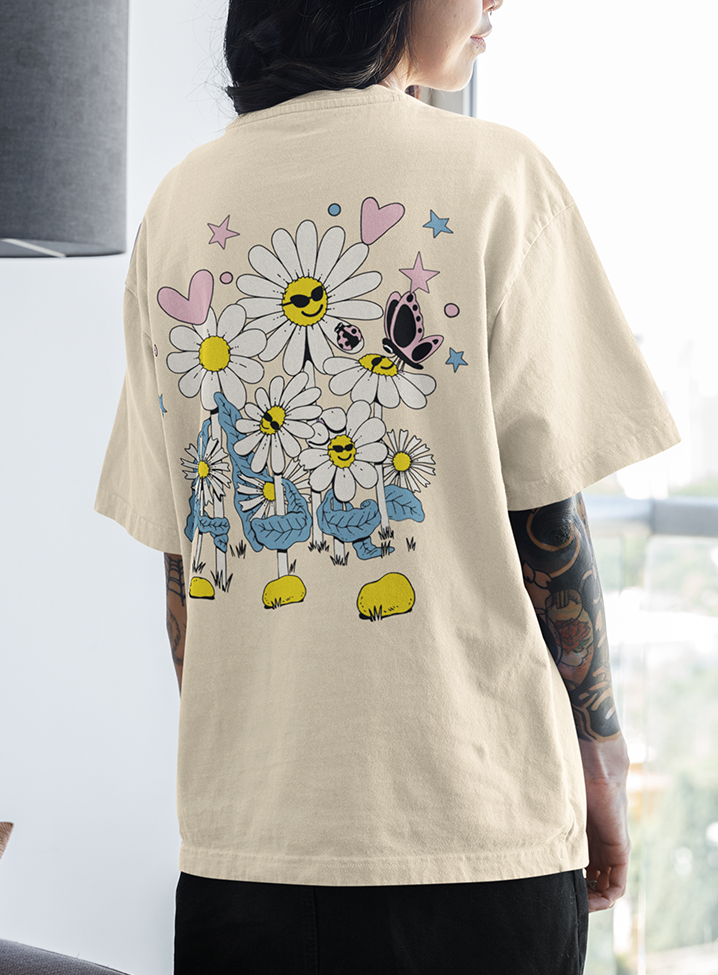 Camiseta Feminina Flor Happy Feliz Flower costas - pérola