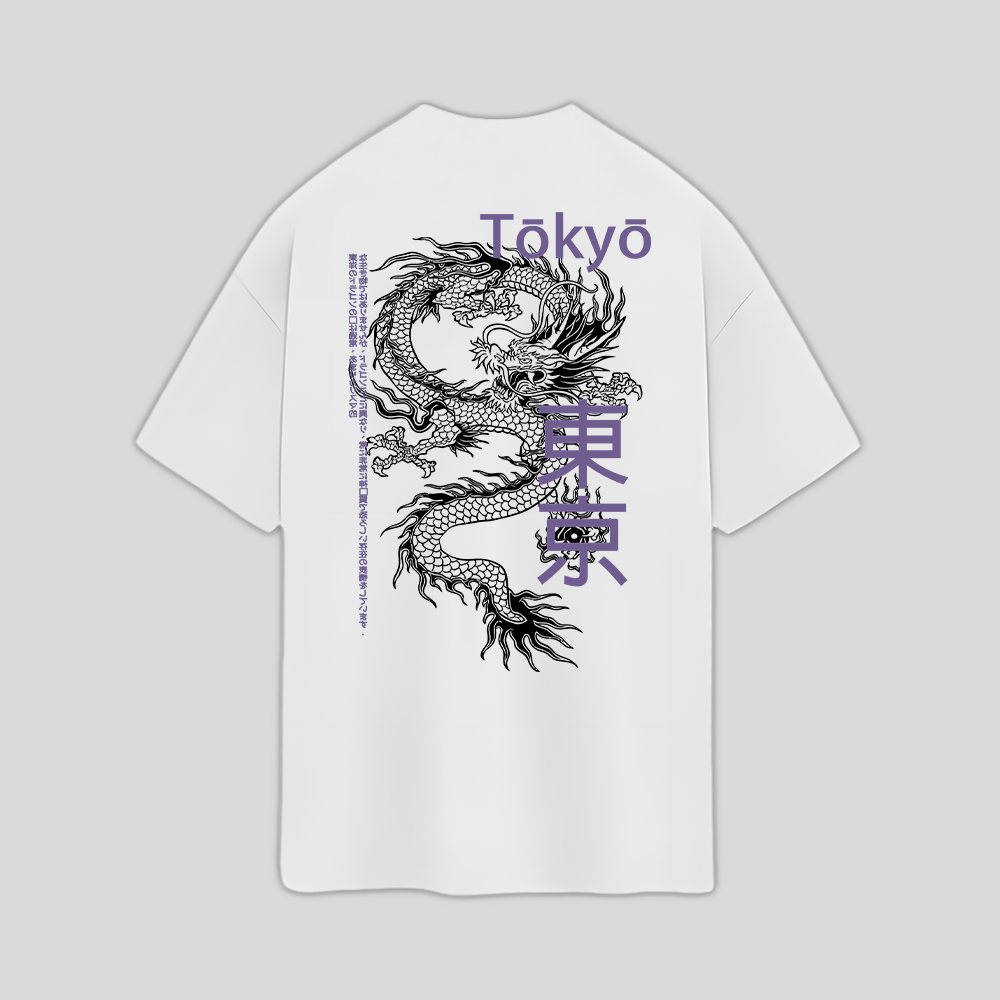 Camiseta Oversized Dragão Oriental Japones - branco