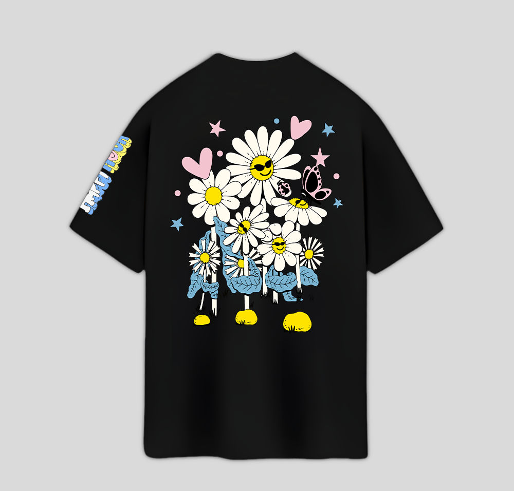 Camiseta Oversized Flor Happy Feliz Flower- preto