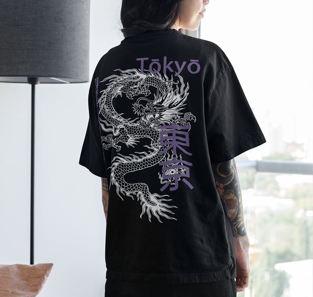 Camiseta Oversized Dragão Oriental Japones - preto