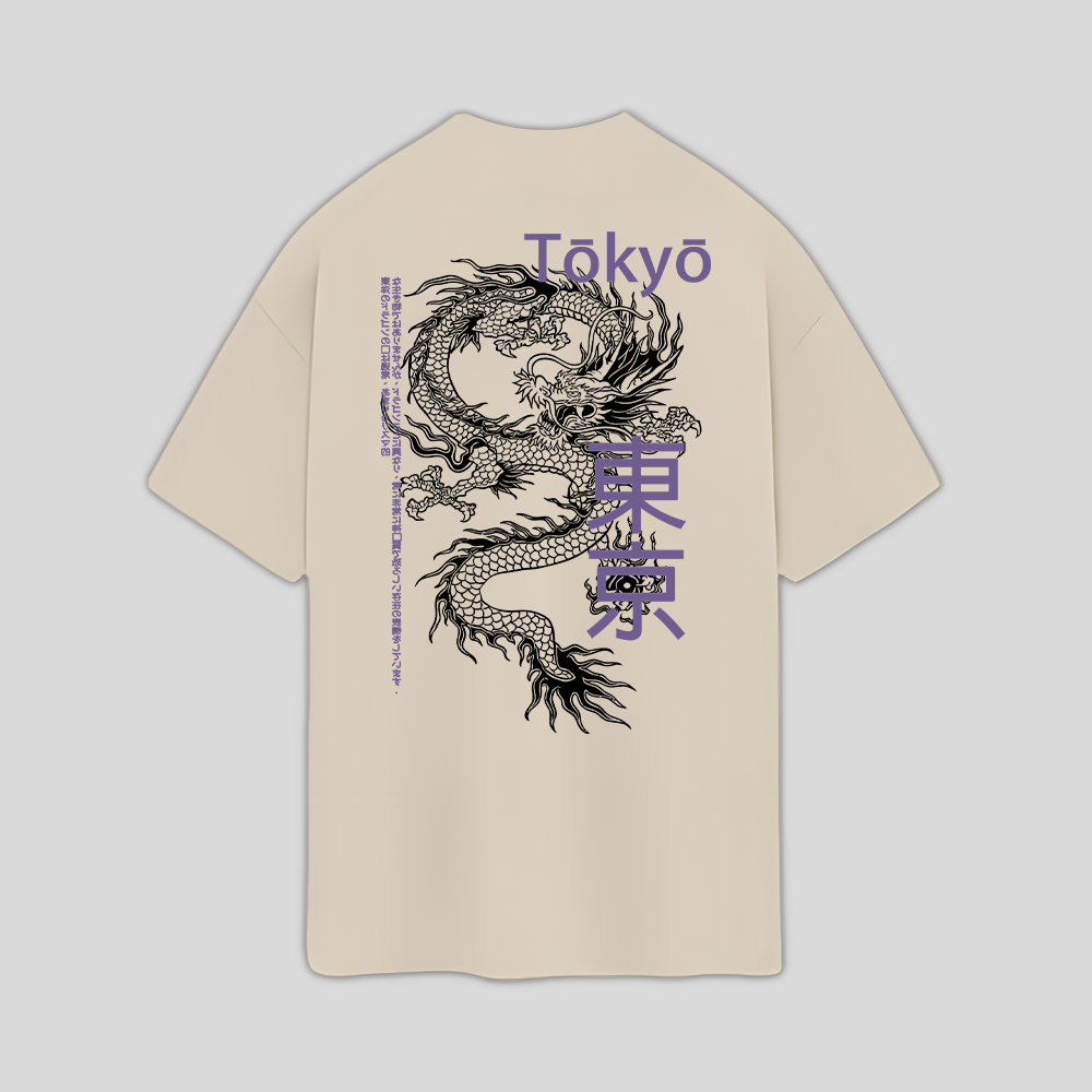 Camiseta Oversized Dragão Oriental Japones - pérola