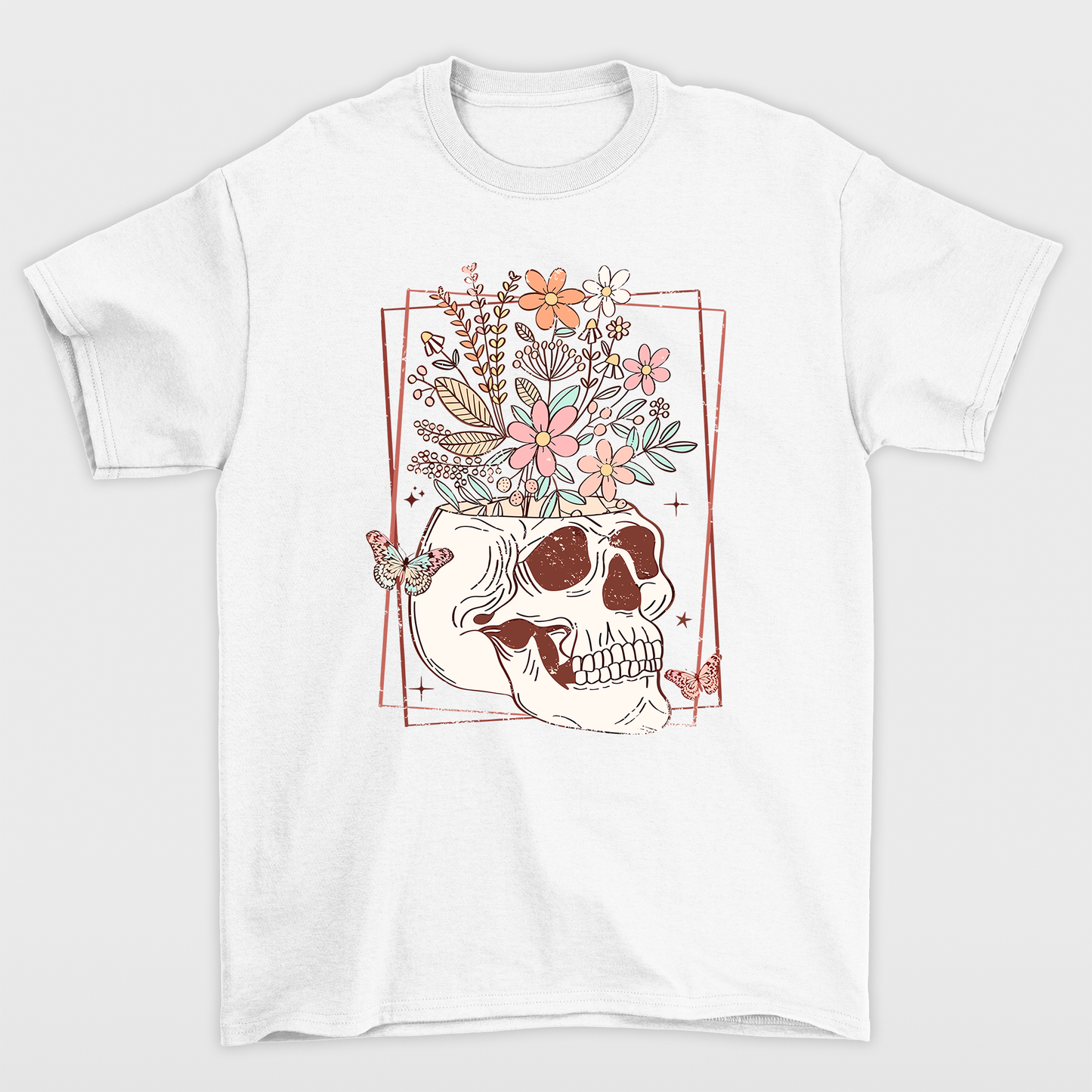 Camiseta Básica Halloween Skull Flower - branco