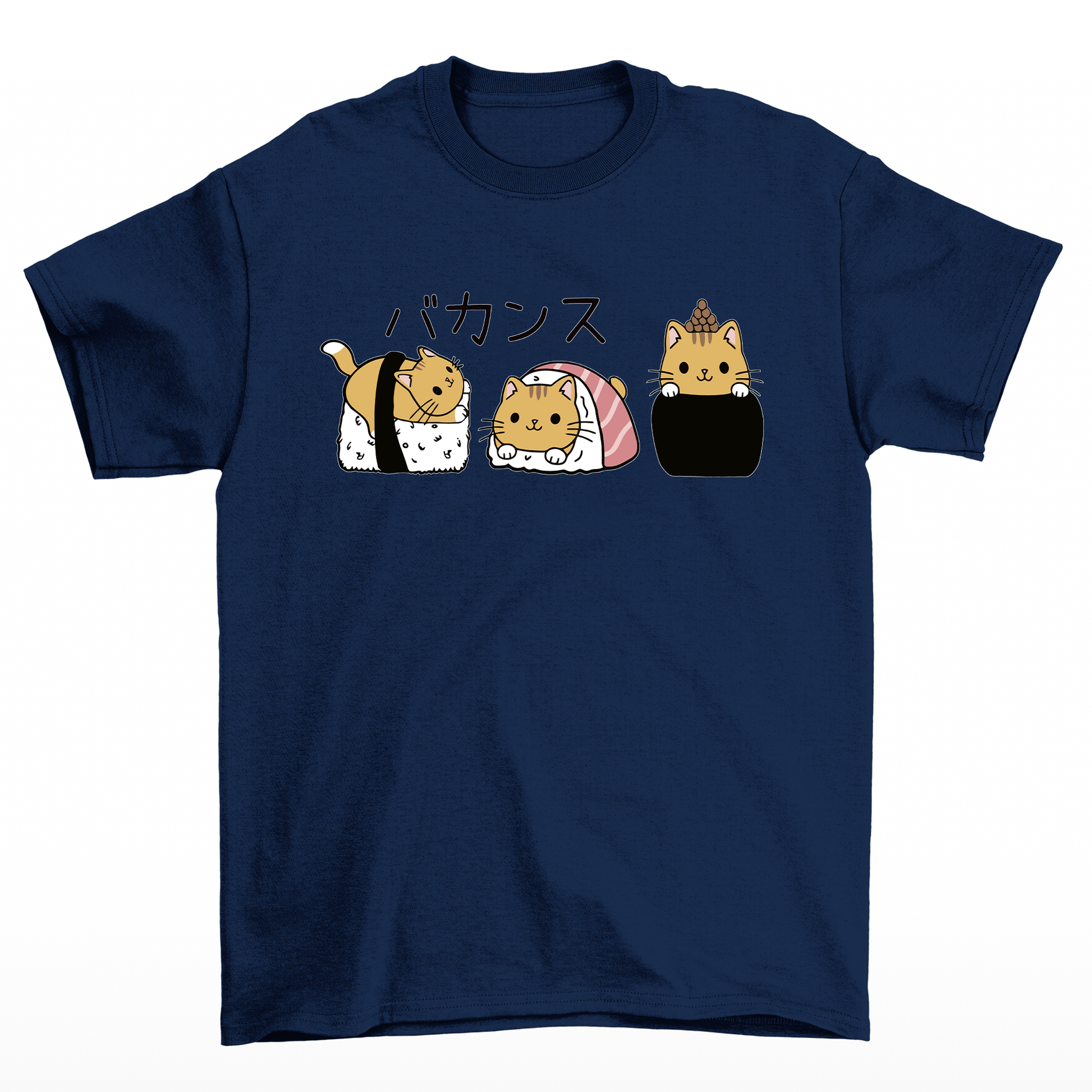 Camiseta Básica Com Estampa sushi Gato- Azul-marinho