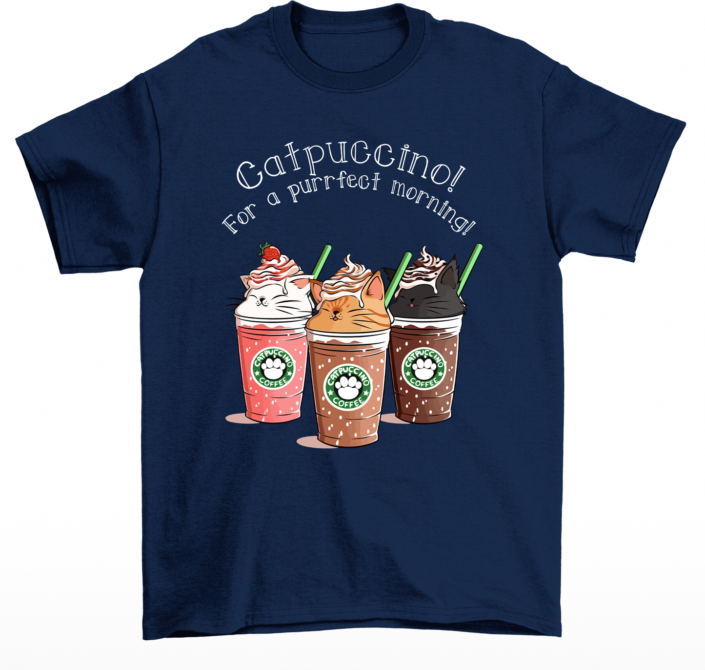 Camiseta feminina de estampa Copo de café com gatos- Azul-marinho