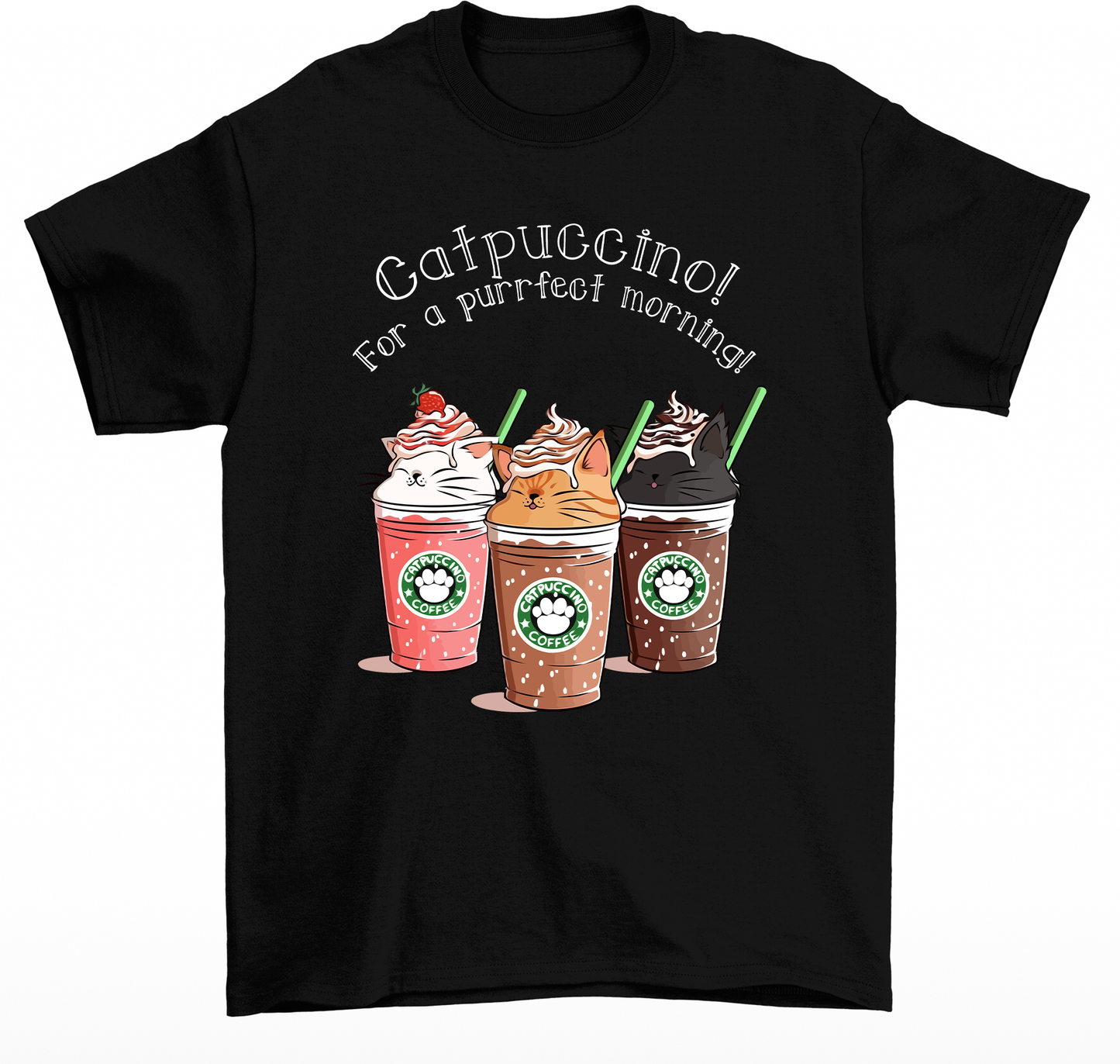 Camiseta feminina de estampa Copo de café com gatos- Preto