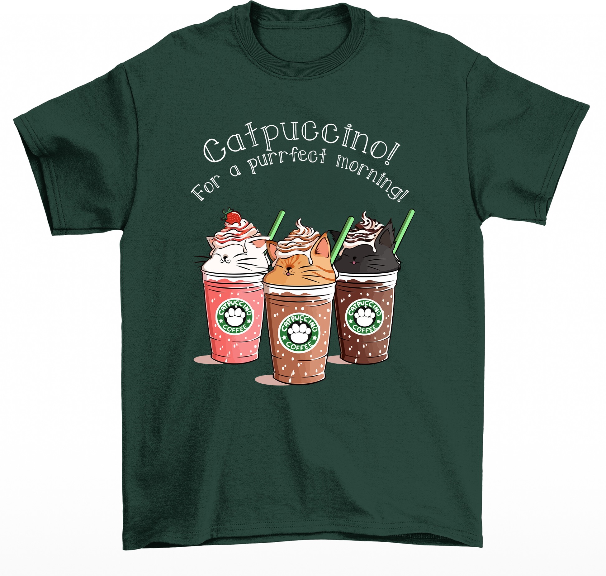 Camiseta feminina de estampa Copo de café com gatos-Verde