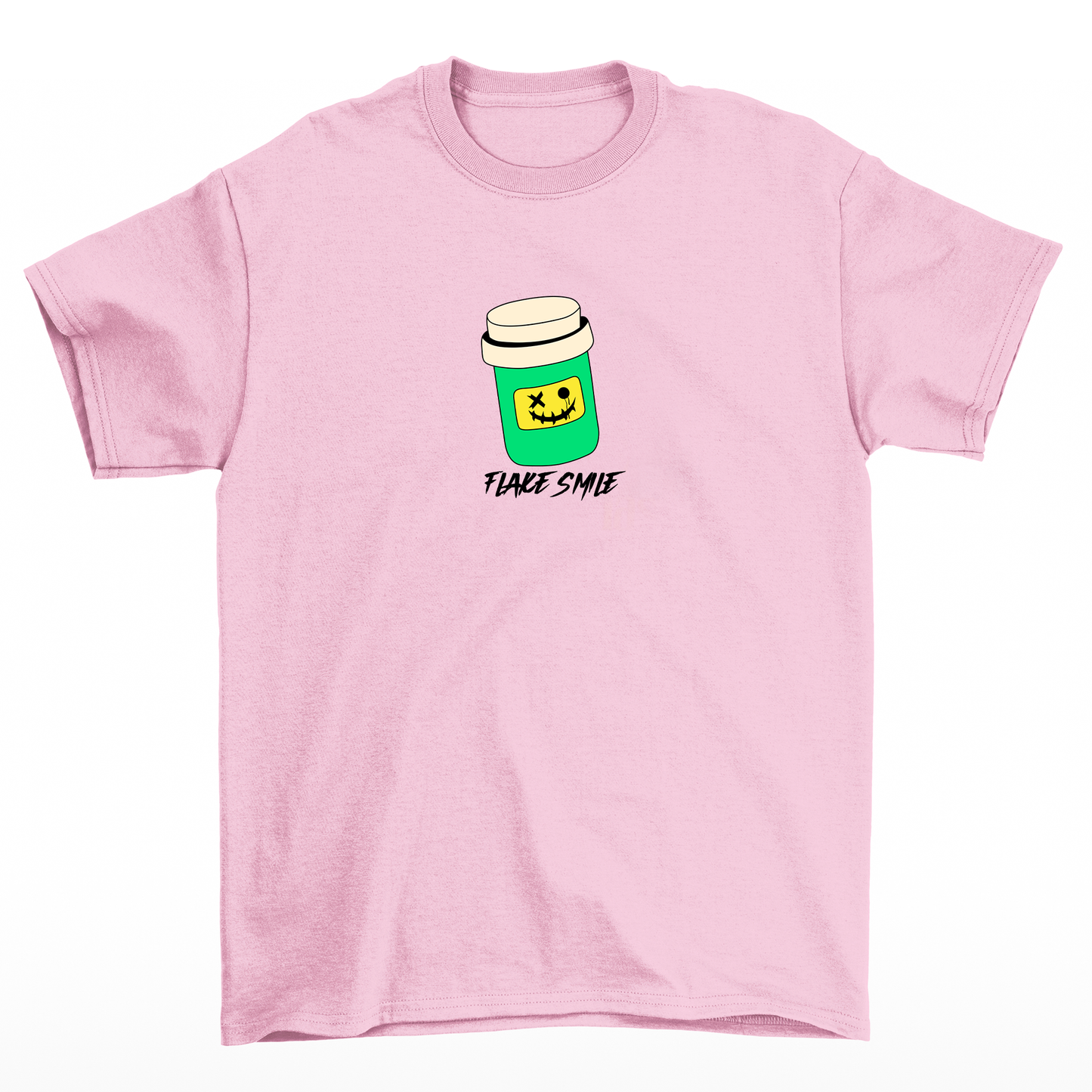 Camiseta básica rosa com estampa de um copo com rosto feliz com a frase escrito como "Flake smile".