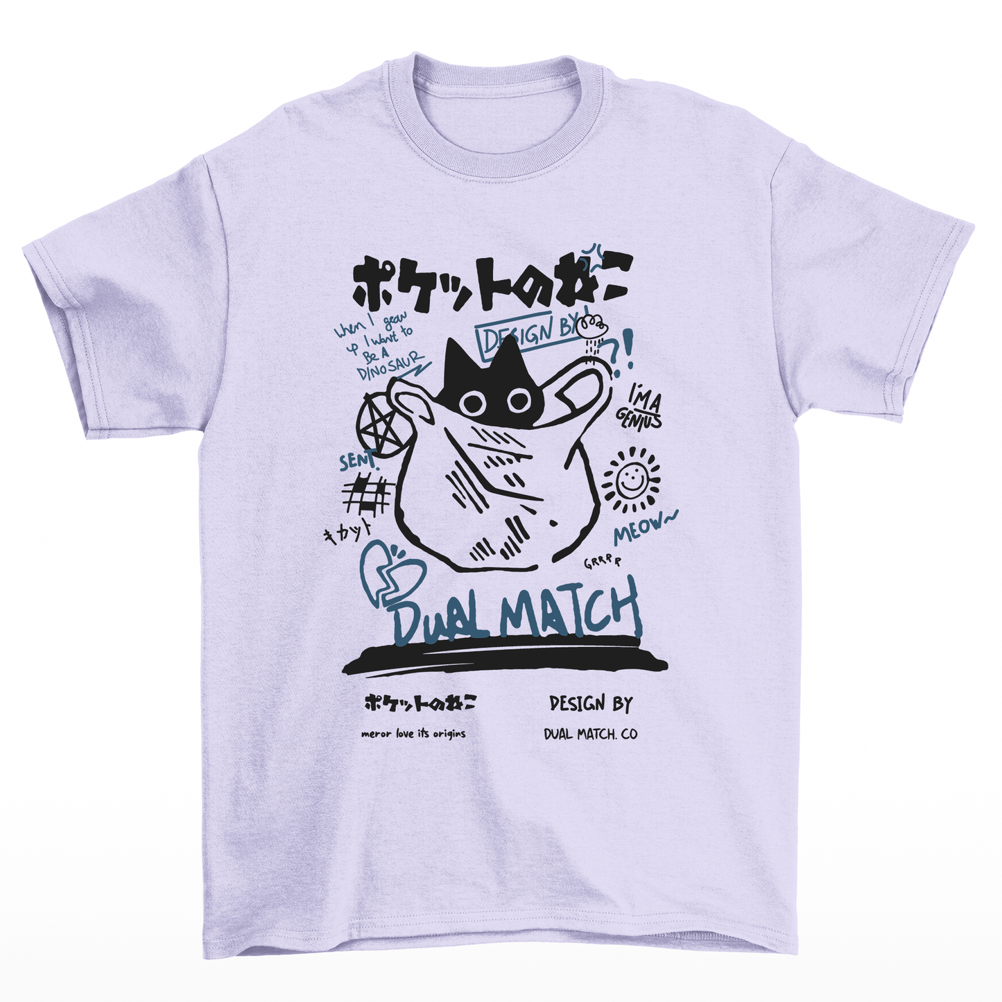 Camiseta Básica Com Estampa Gato Preto Na Sacola- Lilás