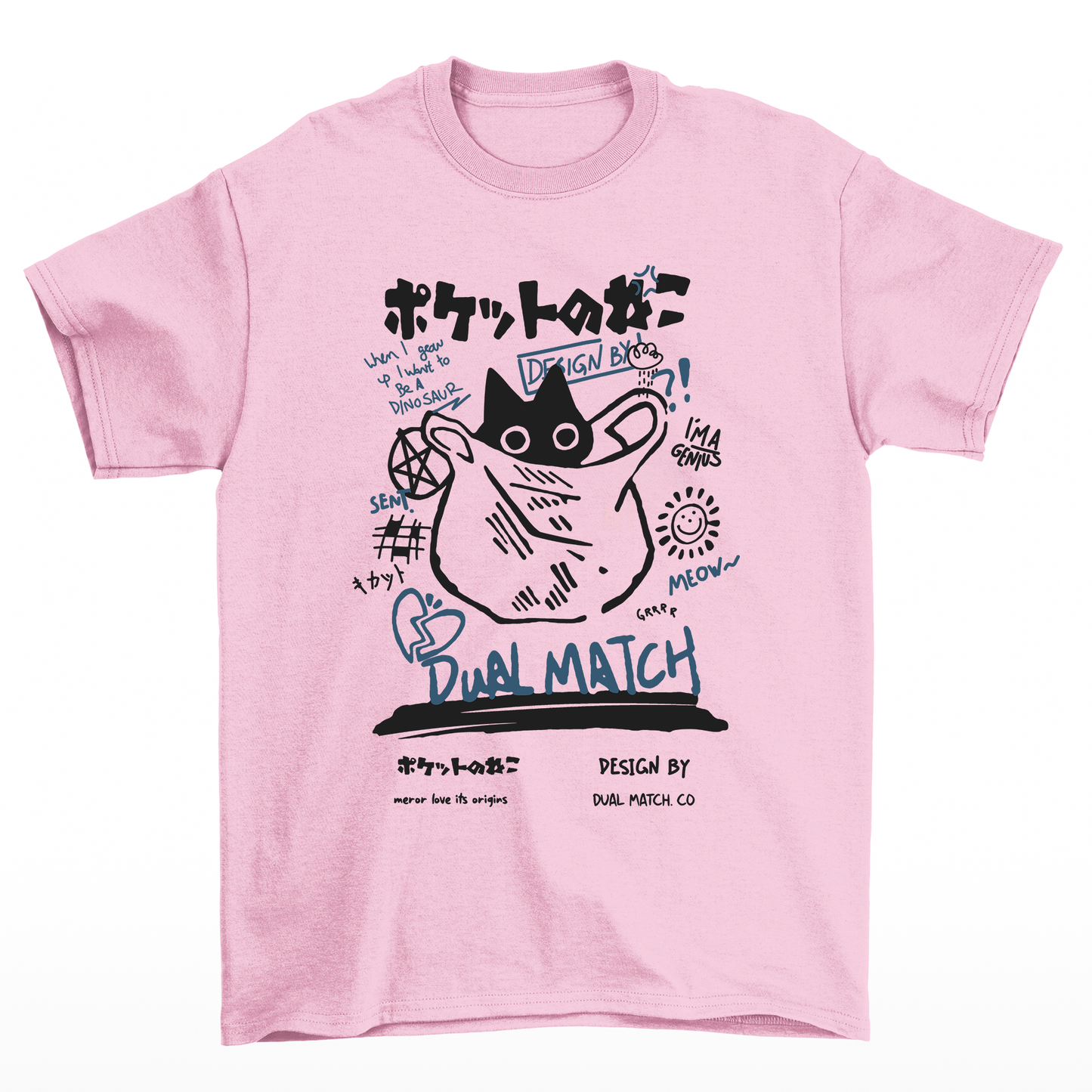 Camiseta Básica Com Estampa Gato Preto Na Sacola- Rosa bebe