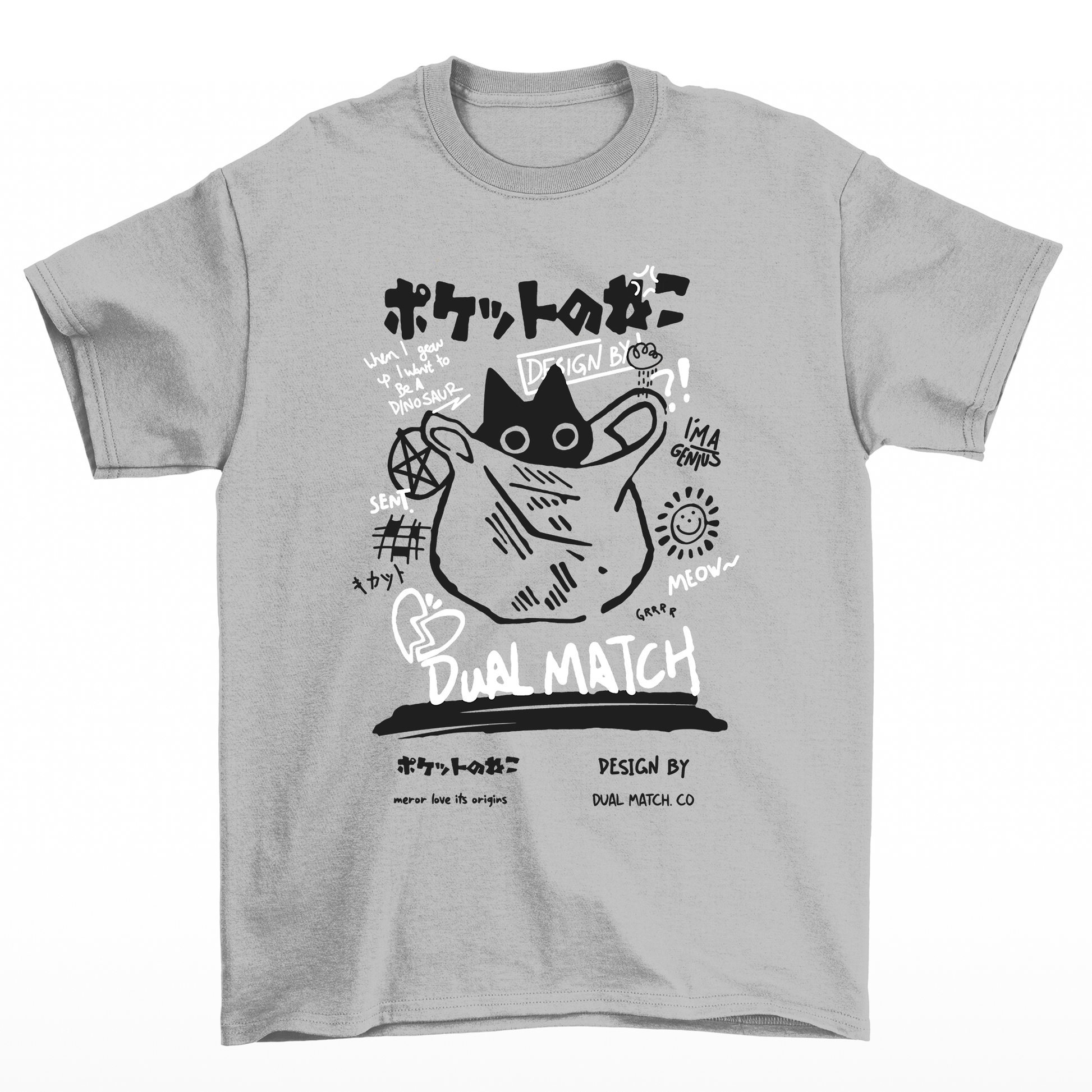 Camiseta Básica Com Estampa Gato Preto Na Sacola- Cinza