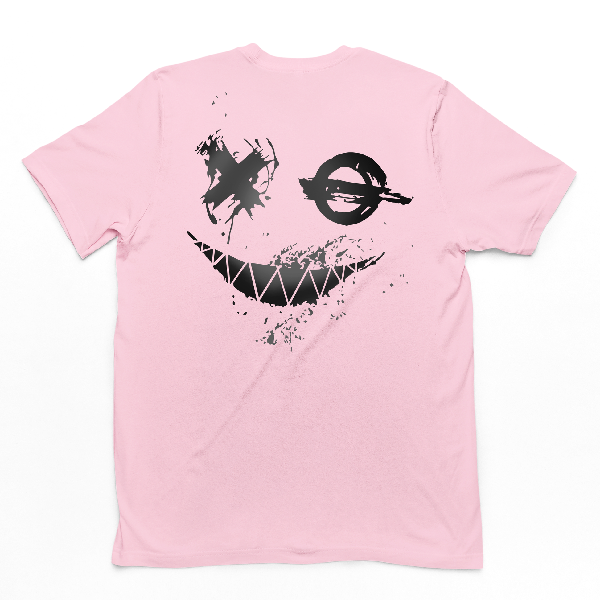 Camiseta Básica rosa Unissex costas  Com Estampa Sorriso Macabro