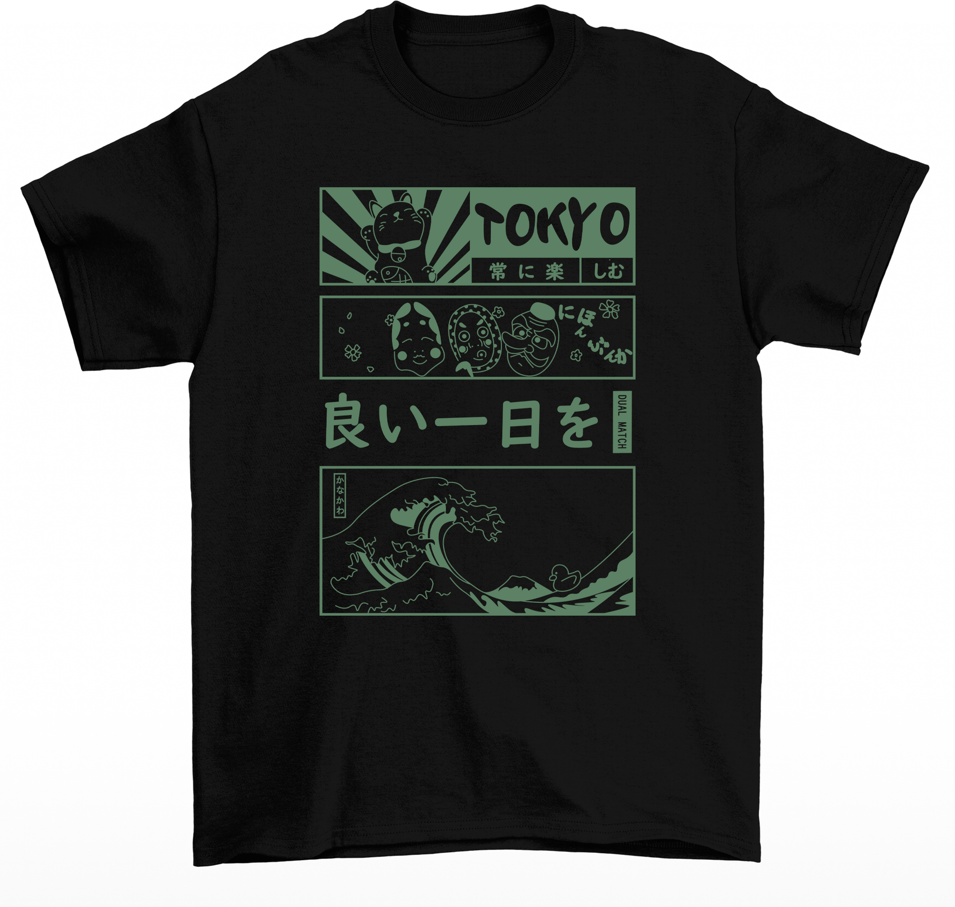 Camiseta Básica Unissex Tokyo Cat Wave - Preto