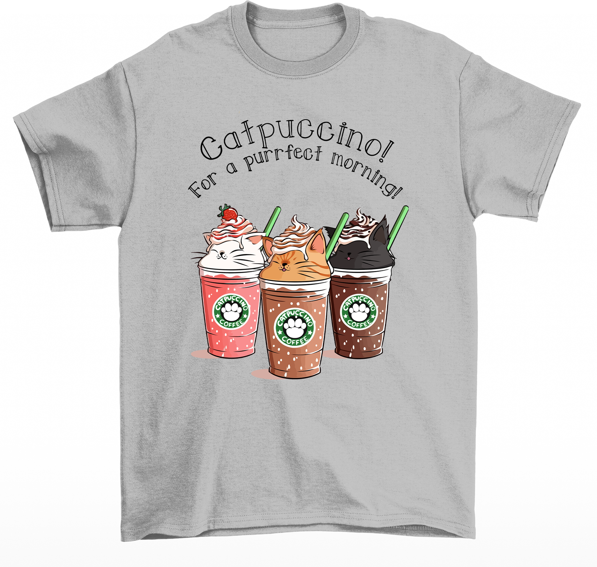 Camiseta feminina de estampa Copo de café com gatos- Cinza