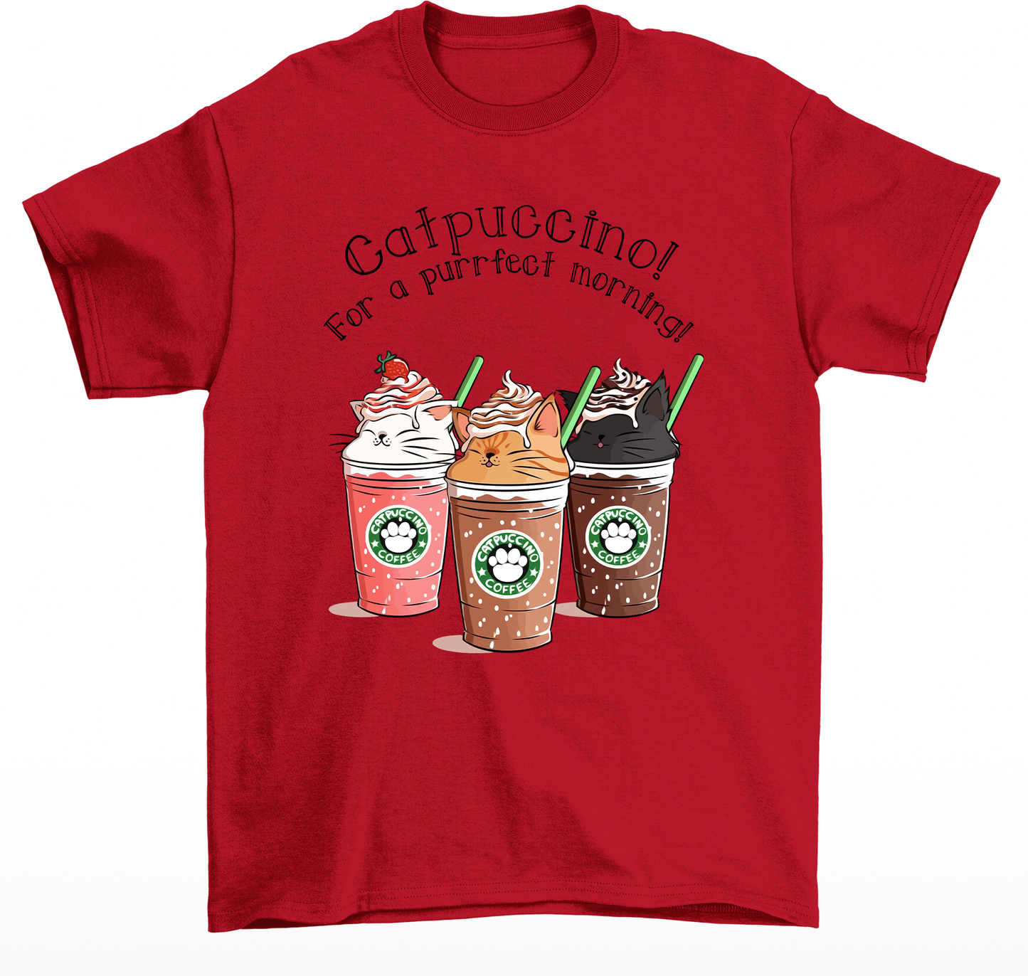 Camiseta feminina de estampa Copo de café com gatos- Vermelho