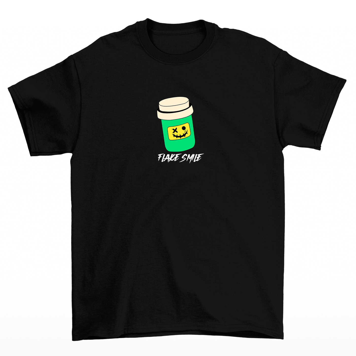 Camiseta básica preto com estampa de um copo com rosto feliz com a frase escrito como "Flake smile".