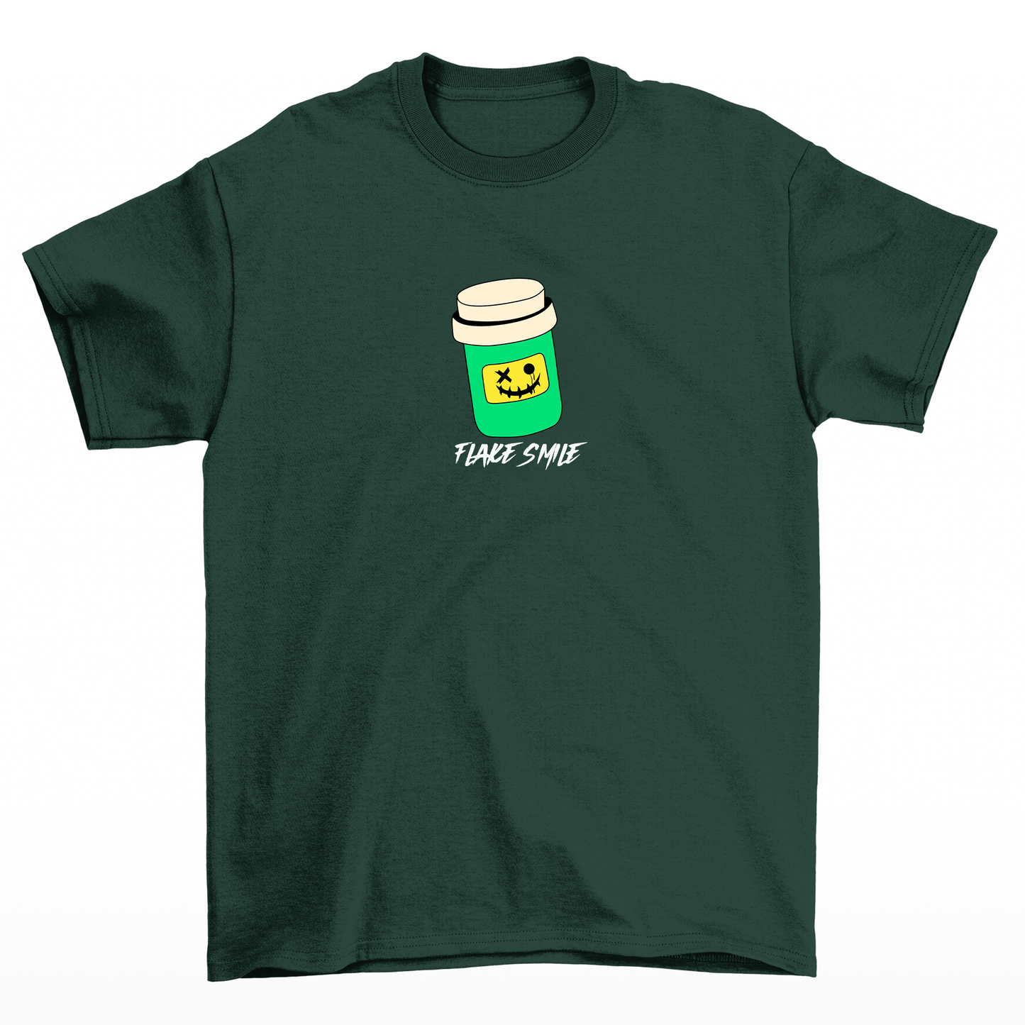 Camiseta básica Verde com estampa de um copo com rosto feliz com a frase escrito como "Flake smile".