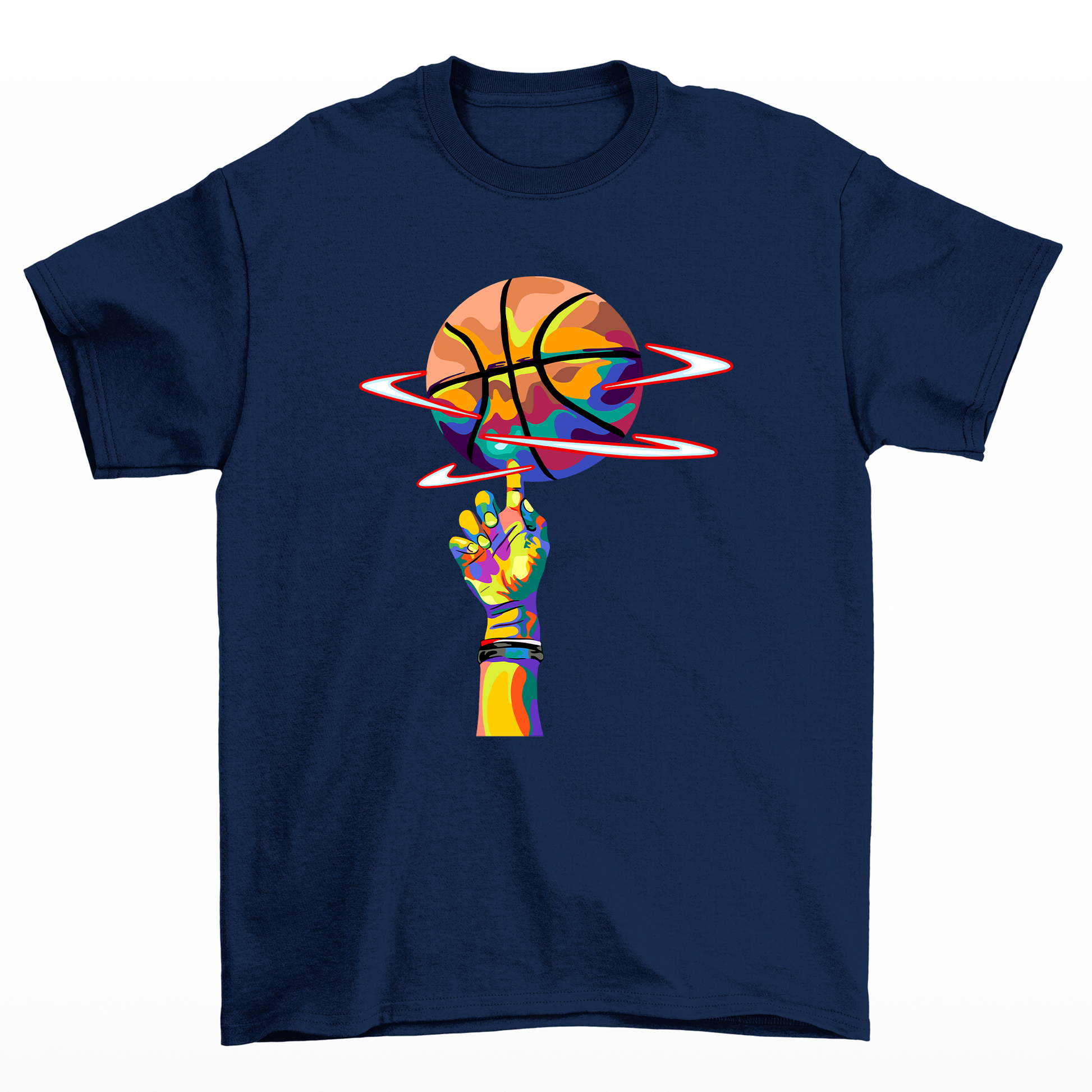 camiseta básica azul marinho com estampa de dedo girando bola basquete colorido