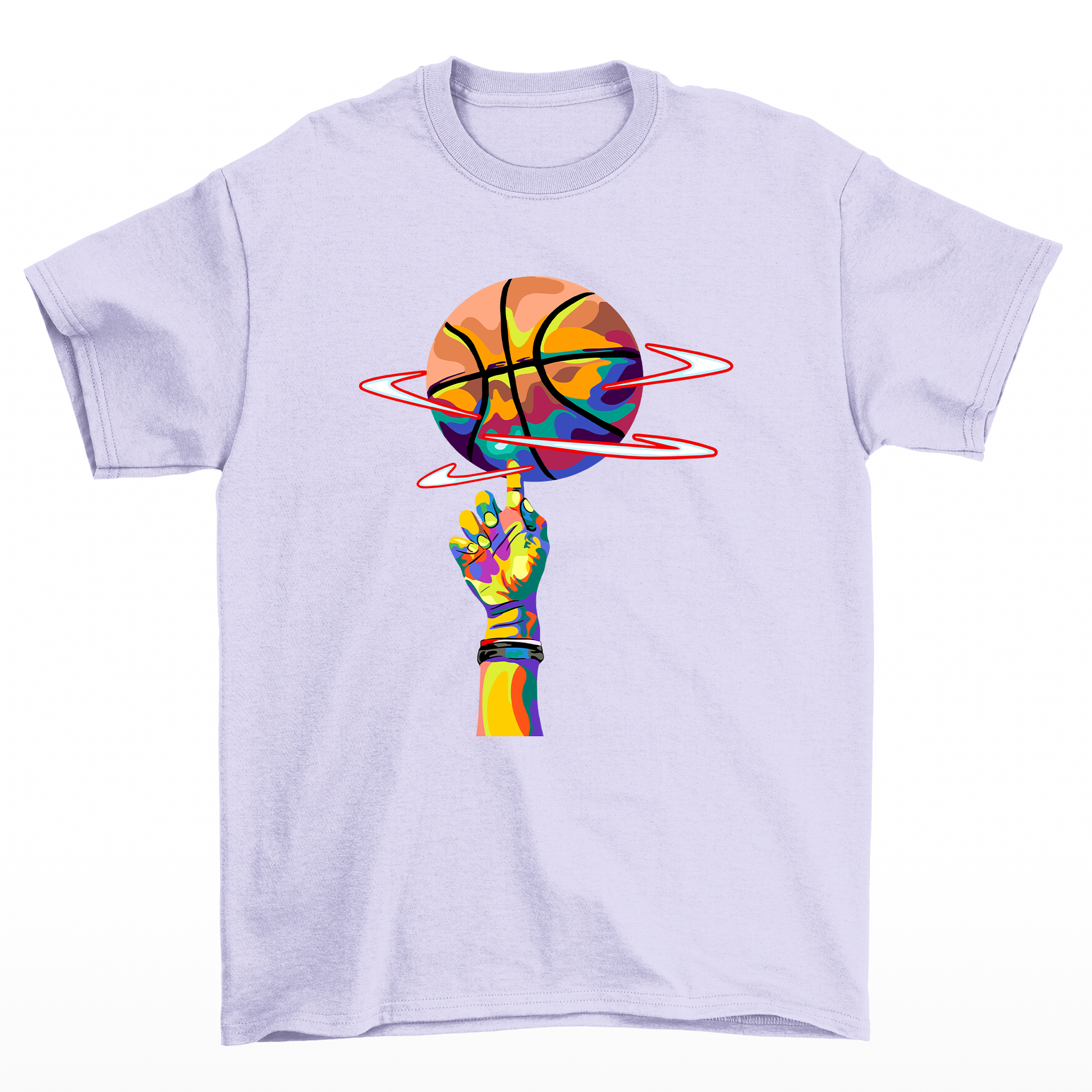 camiseta básica lilás com estampa de dedo girando bola basquete colorido