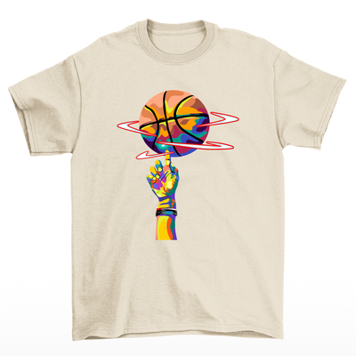 camiseta básica pérola com estampa de dedo girando bola basquete colorido