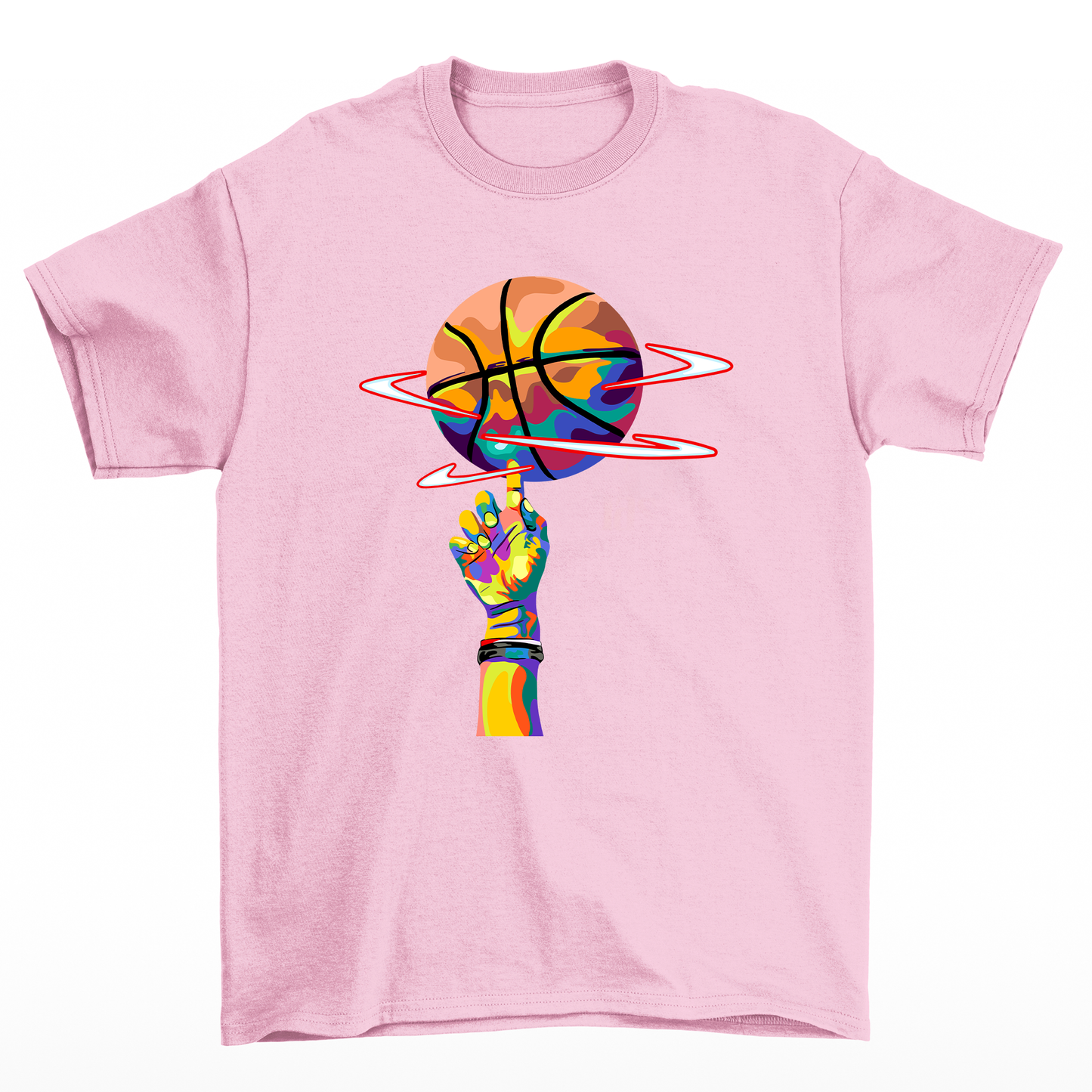 camiseta básica rosa bebê com estampa de dedo girando bola basquete colorido