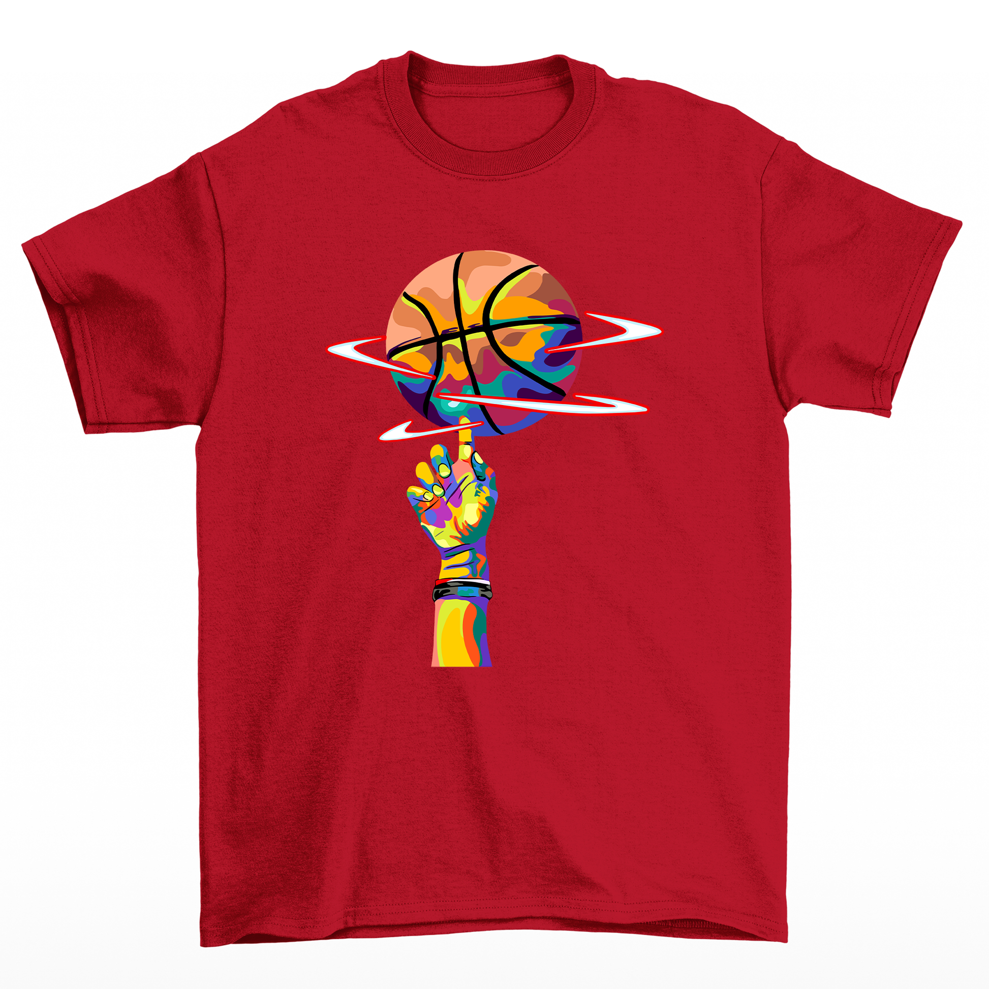 camiseta básica vermelha com estampa de dedo girando bola basquete colorido