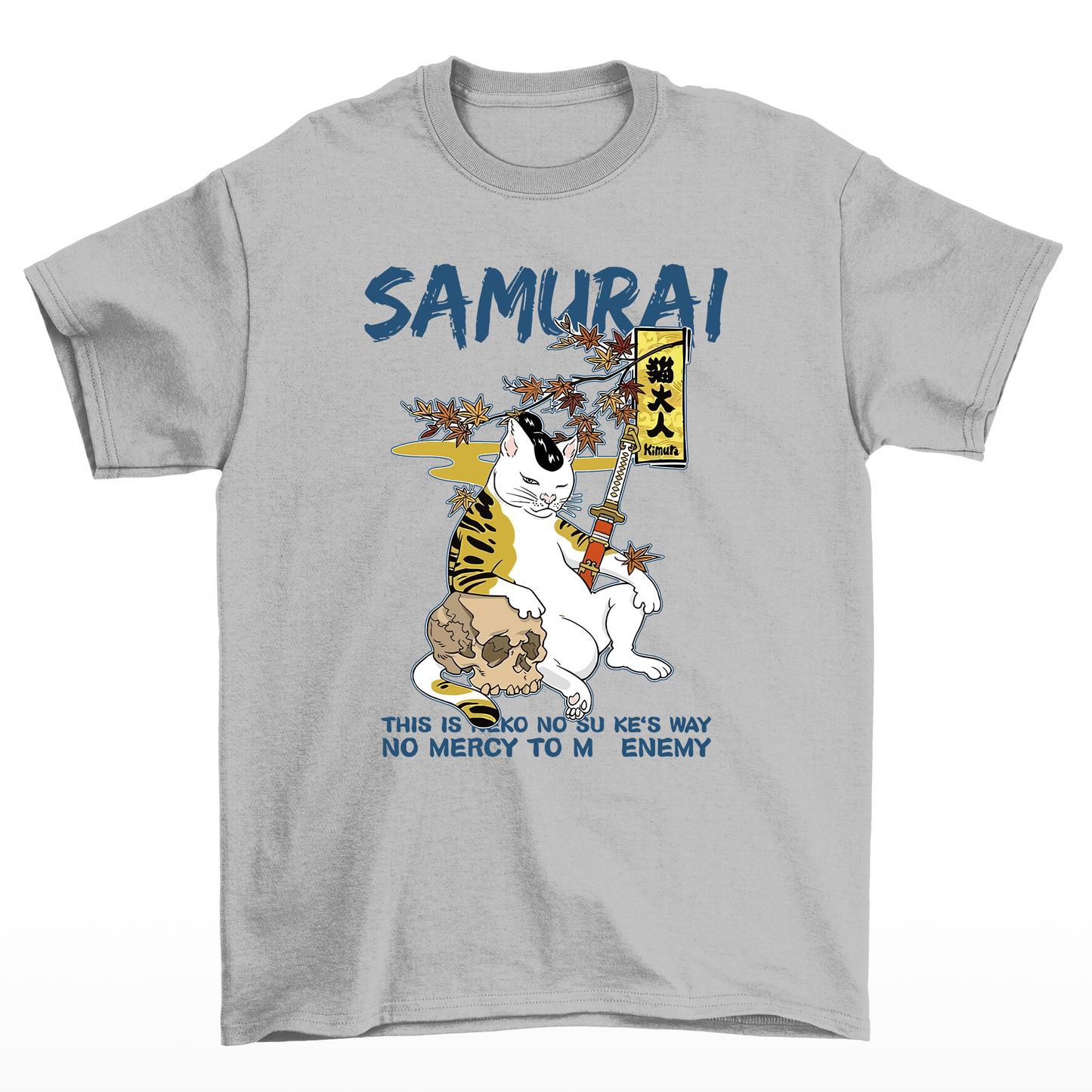 Camiseta Básica Com Estampa Gato Samurai- cinza