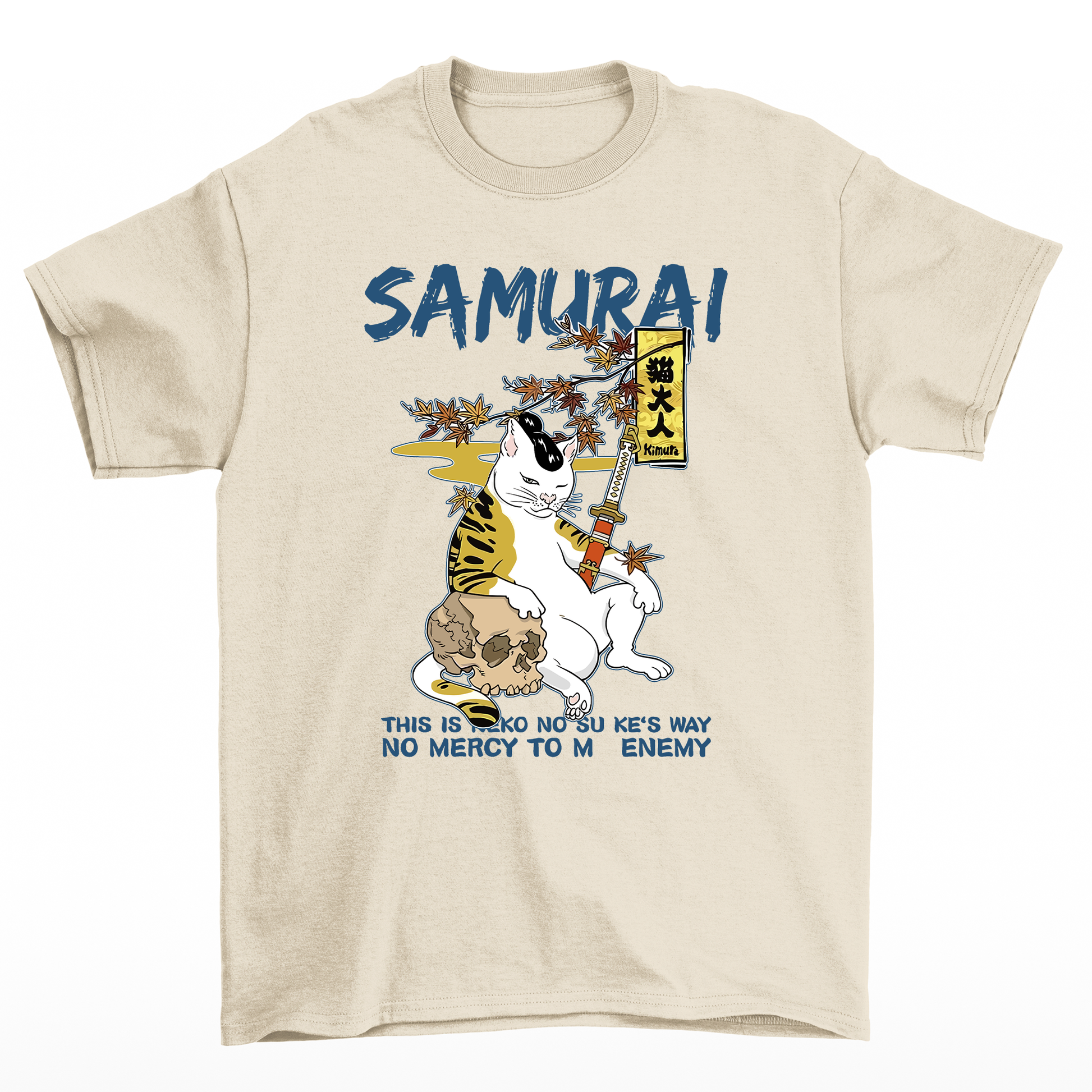 Camiseta Básica Com Estampa Gato Samurai- PÉROLA