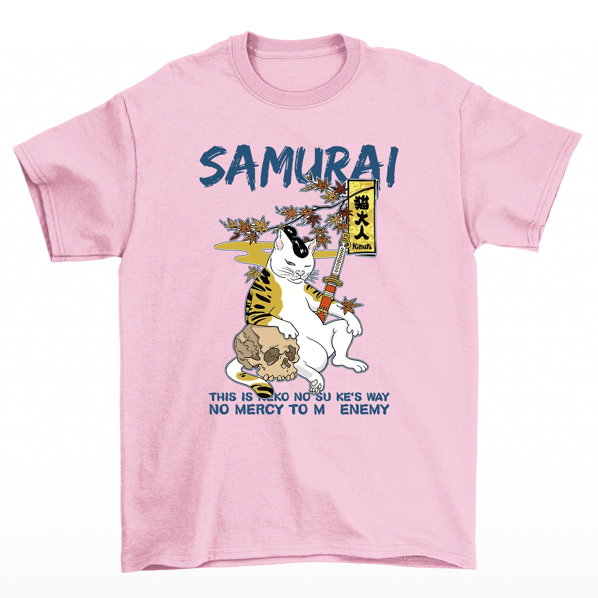 Camiseta Básica Com Estampa Gato Samurai- Rosa bebe