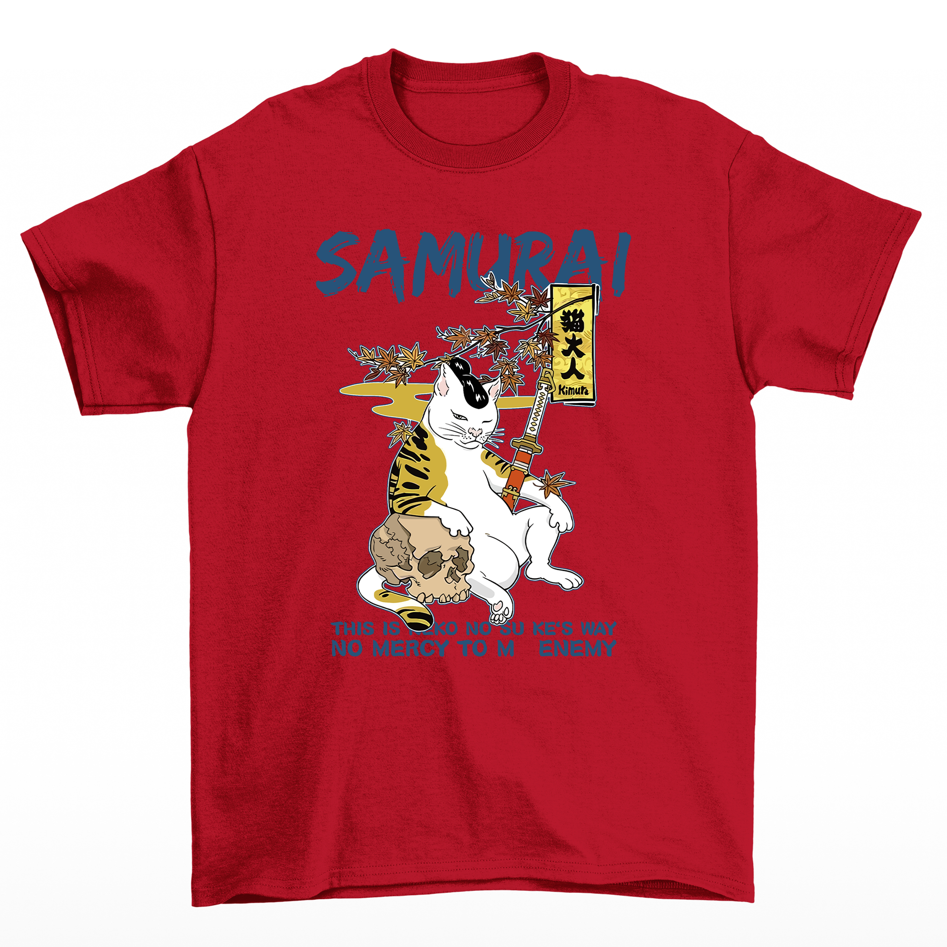 Camiseta Básica Com Estampa Gato Samurai- vermelho