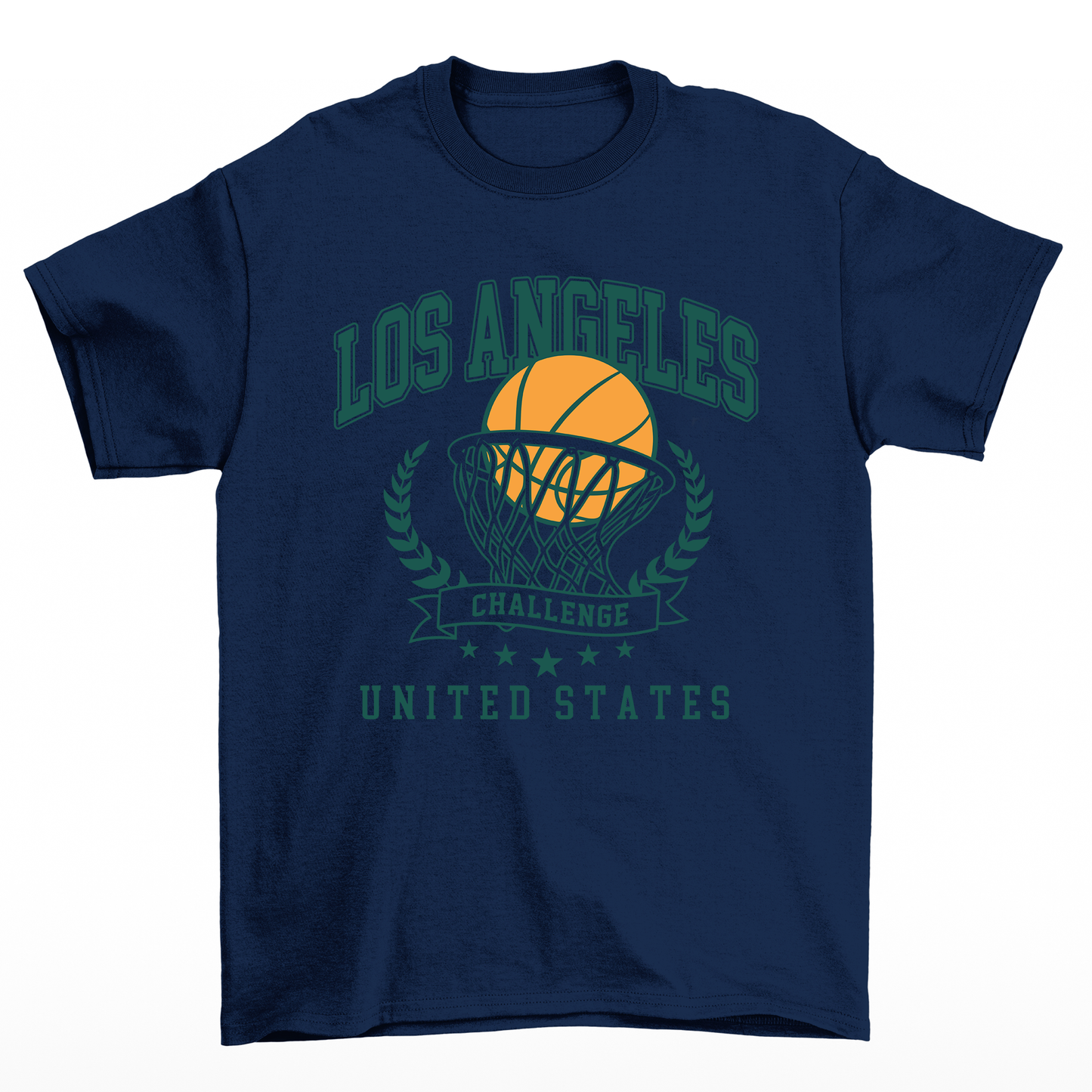 camiseta básica azul marinho com estampa de bola na cesta basquete los angeles 