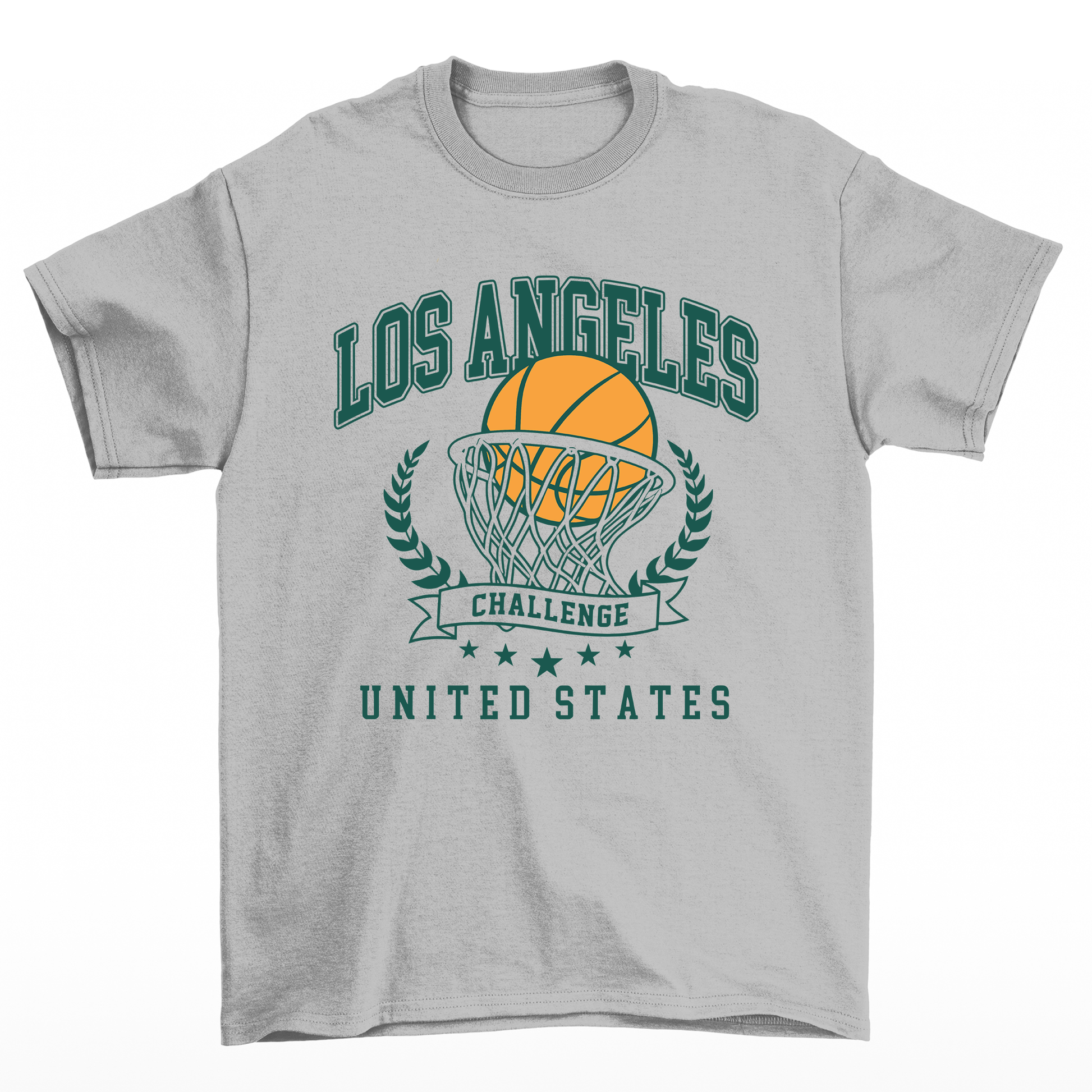 camiseta básica cinza com estampa de bola na cesta basquete los angeles 