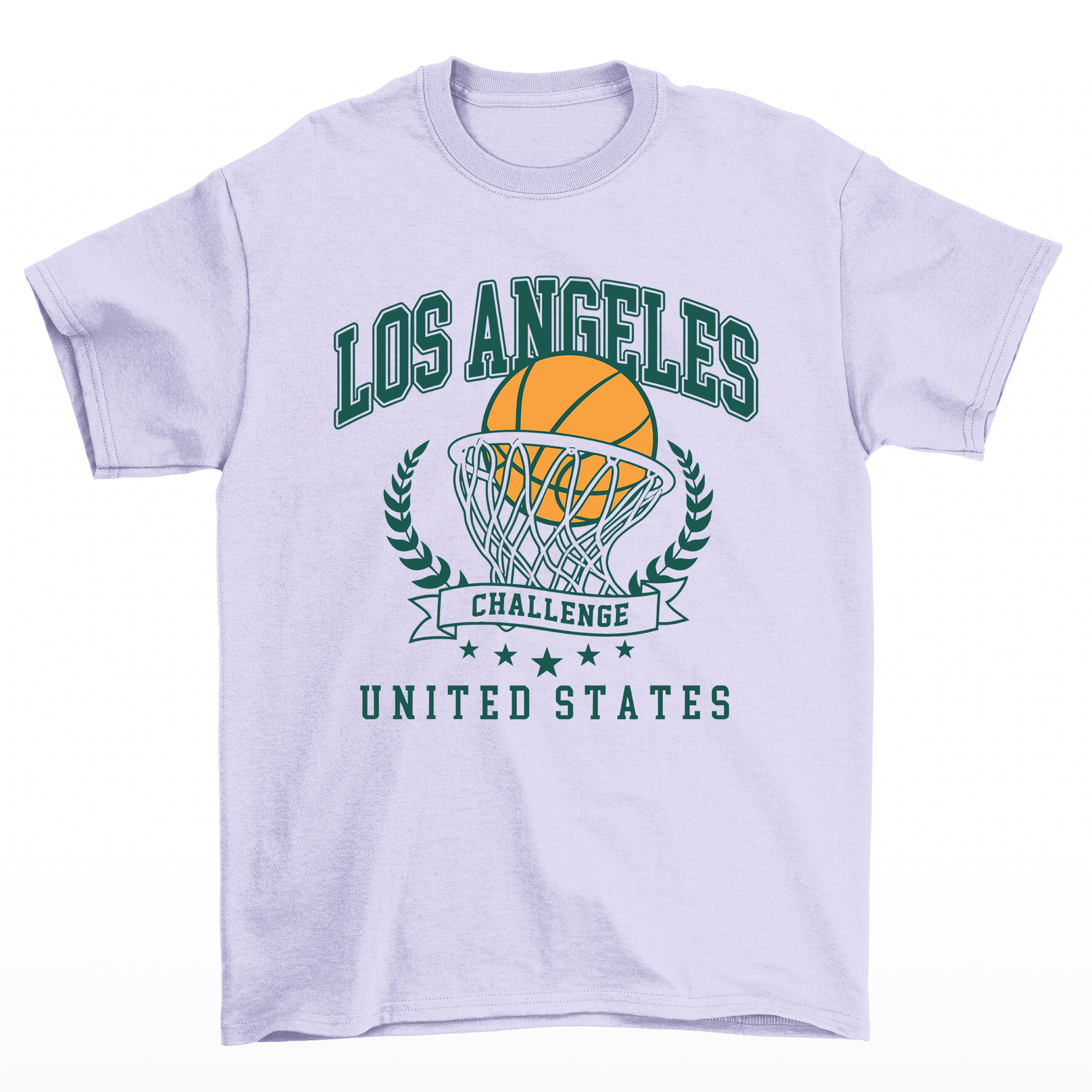 camiseta básica lilás com estampa de bola na cesta basquete los angeles 