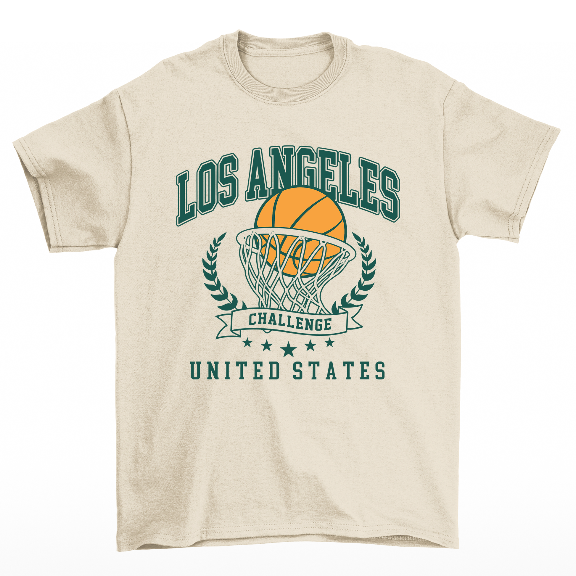 camiseta básica pérola com estampa de bola na cesta basquete los angeles 