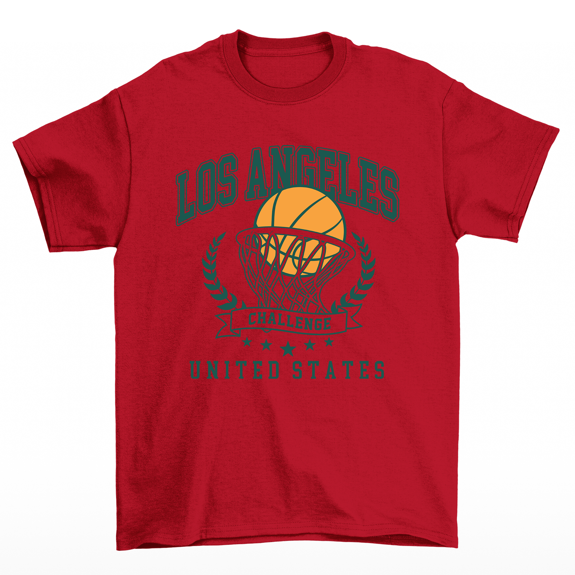 camiseta básica vermelha com estampa de bola na cesta basquete los angeles 