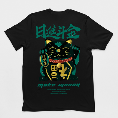 Camiseta Básica Com Estampa Gatinho Preto Segurando Moeda- Preto