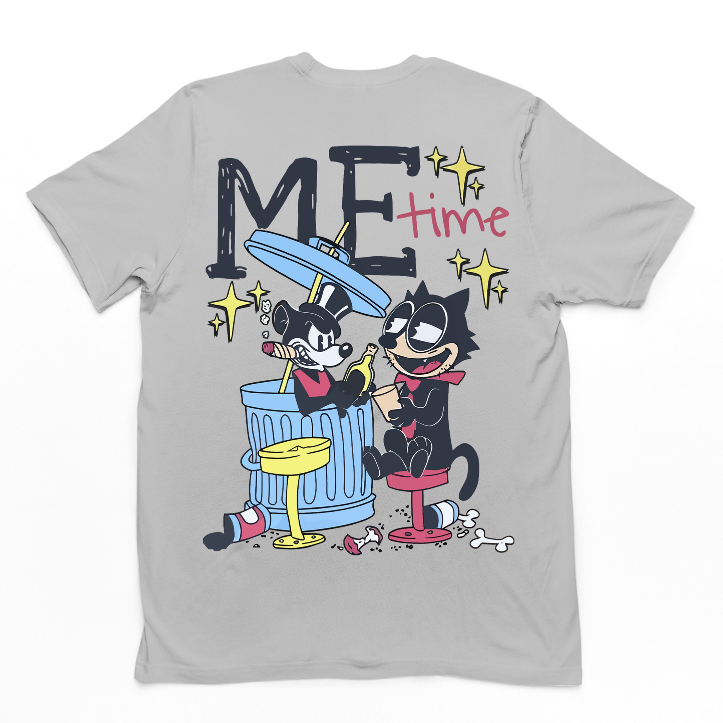 camiseta básica gato e ratos bebendo no lixo- Cinza