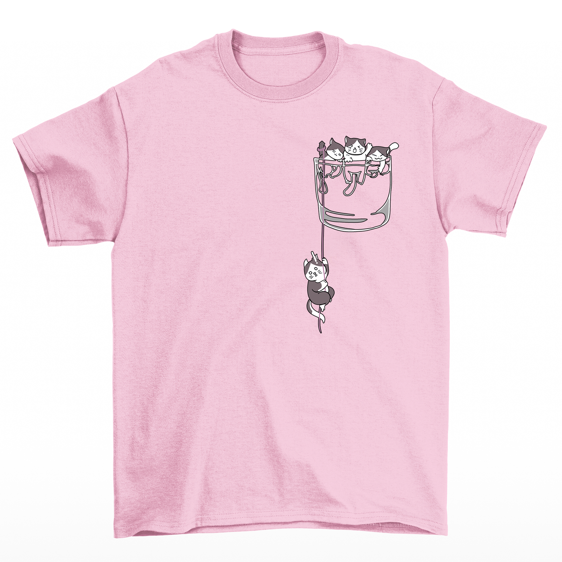 Camiseta Básica Unissex Com Estampa Gatinhos No Bolso- Rosa bebe