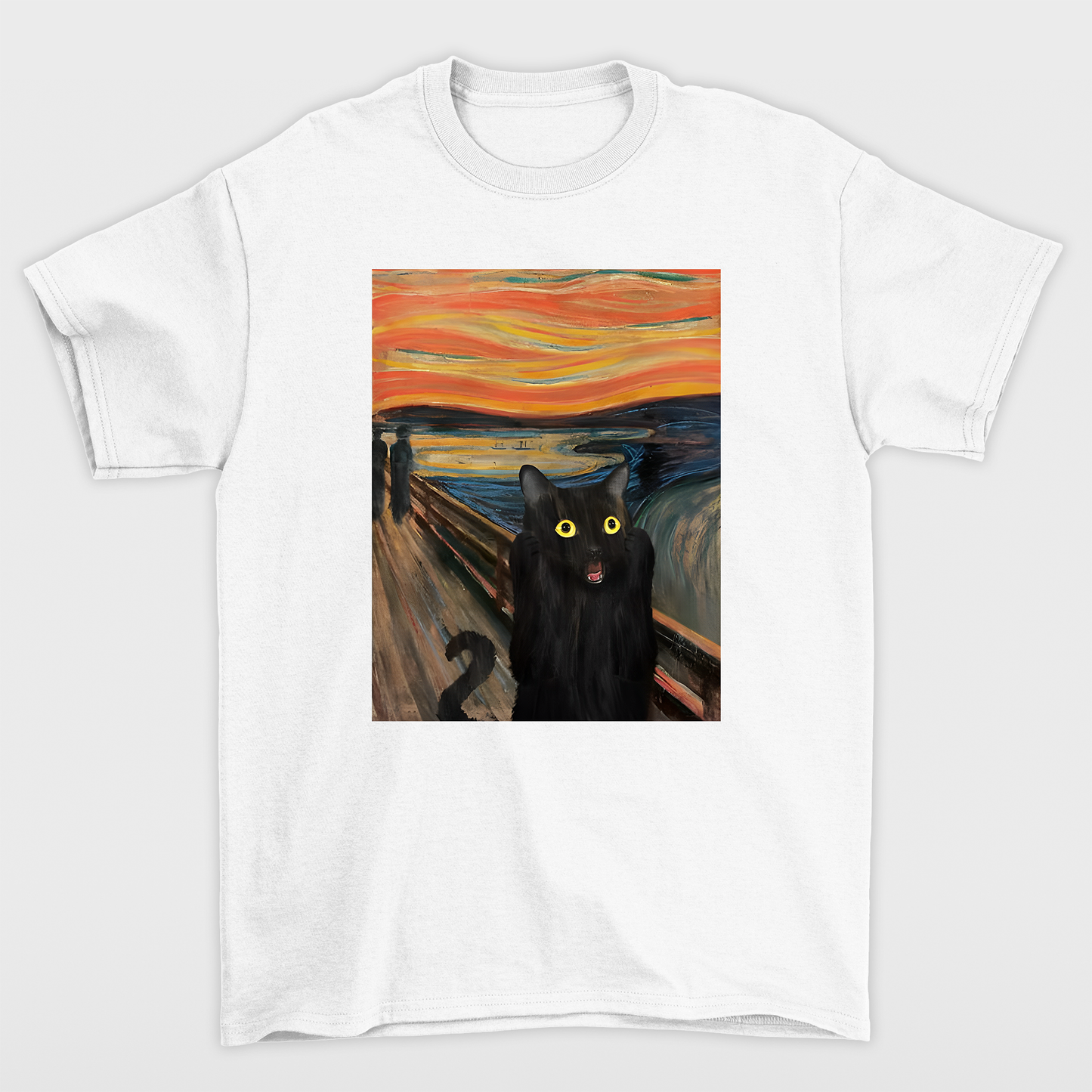 Camiseta Básica Com Estampa Gatinho assustado Pintura- BRANCO