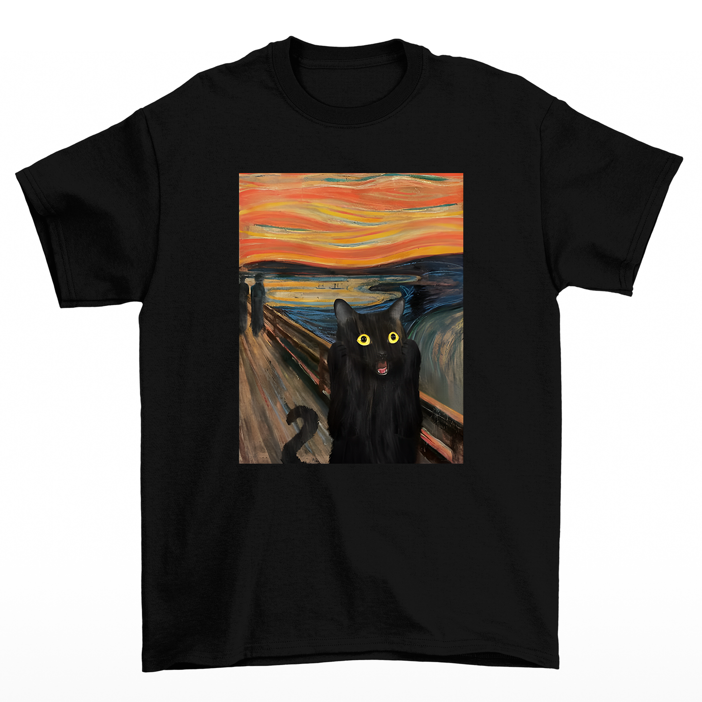 Camiseta Básica Com Estampa Gatinho assustado Pintura- PRETO