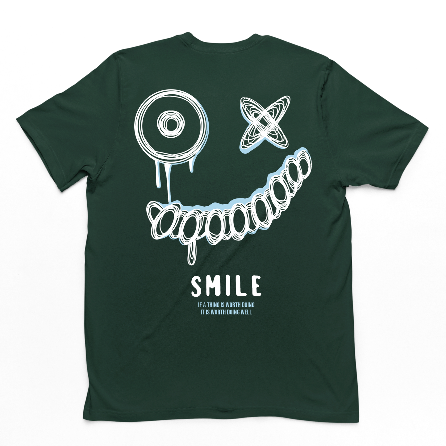 Camiseta básica verde com estampa nas costas sorriso mal