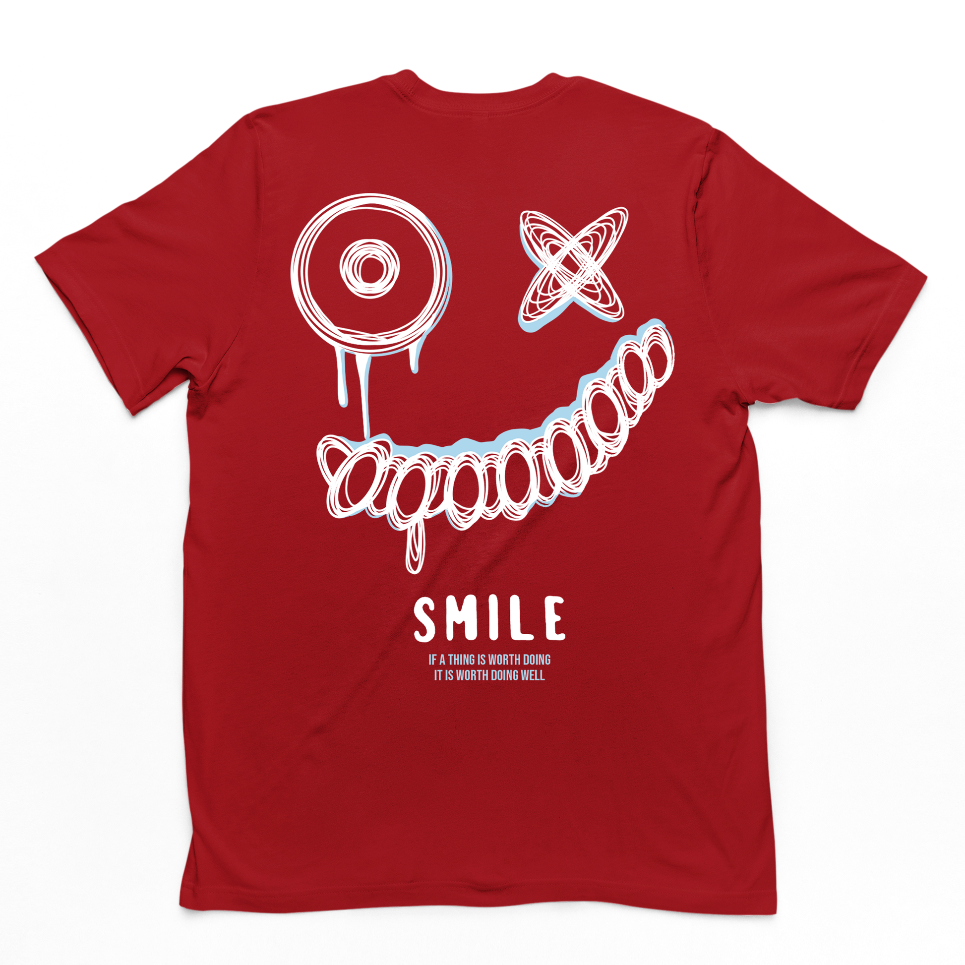 Camiseta básica vermelho com estampa nas costas sorriso mal