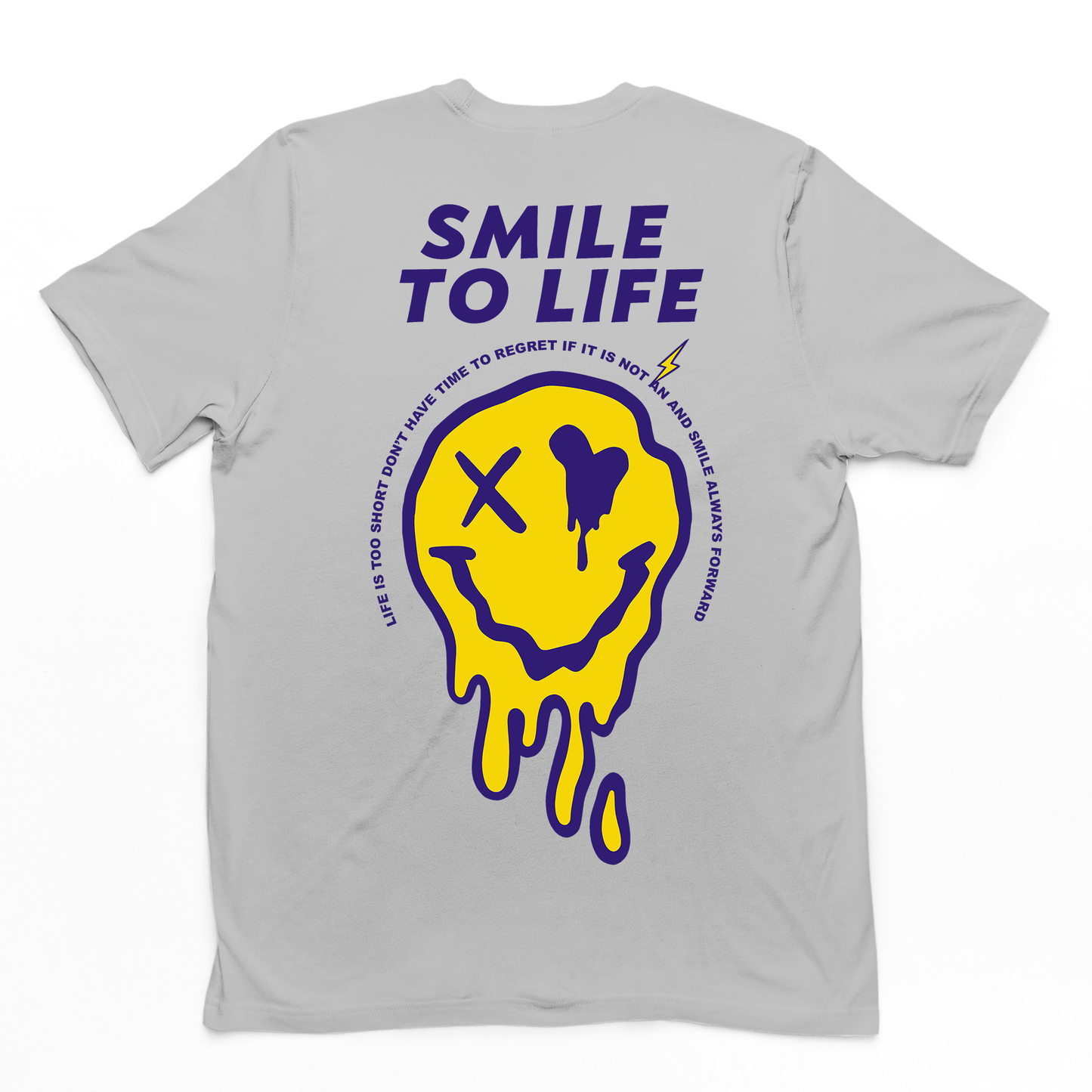 Camiseta masculina cinza costas com estampa rosto derretido smile